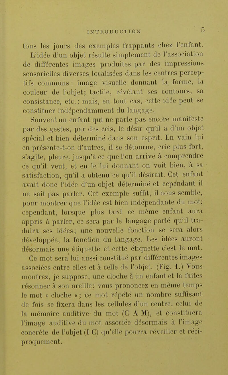 tons les jours des exemples frappants chez l'enfant. L'idée d'un objet résulte simplement de l'association de différentes images produites par des impressions sensorielles diverses localisées dans les centres percep- tifs communs : image visuelle donnant la forme, la couleur de l'objet; tactile, révélant ses contours, sa consistance, etc.; mais, en tout cas, cette idée peut se constituer indépendamment du langage. Souvent un enfant quji ne parle pas encore manifeste par des gestes, par des cris, le désir qu'il a d'un objet spécial et bien déterminé dans son esprit. En vain lui en présente-t-on d'autres, il se détourne, crie plus fort, s'agite, pleure, jusqu'à ce que l'on arrive à comprendre ce qu'il veut, et en le lui donnant on voit bien, à sa satisfaction, qu'il a obtenu ce qu'il désirait. Cet enfant avait donc l'idée d'un objet déterminé et cependant il ne sait pas parler. Cet exemple suffit, il nous semble, pour montrer que l'idée est bien indépendante du mot; cependant, lorsque plus tard ce même enfant aura appris à parler, ce sera par le langage parlé qu'il tra- duira ses idées; une nouvelle fonction se sera alors développée, la fonction du langage. Les idées auront désormais une étiquette et cette étiquette c'est le mot. Ce mot sera lui aussi constitué par différentes images associées entre elles et à celle de l'objet. (Fig. 1.) Vous montrez, je suppose, une cloche à un enfant et la faites résonner à son oreille; vous prononcez en même temps le mot ï cloche » ; ce mot répété un nombre suffisant de fois se fixera dans les cellules d'un centre, celui de la mémoire auditive du mot (C A M), et constituera l'image auditive du mot associée désormais à l'image concrète de l'objet (I C) qu'elle pourra réveiller et réci- proquement.