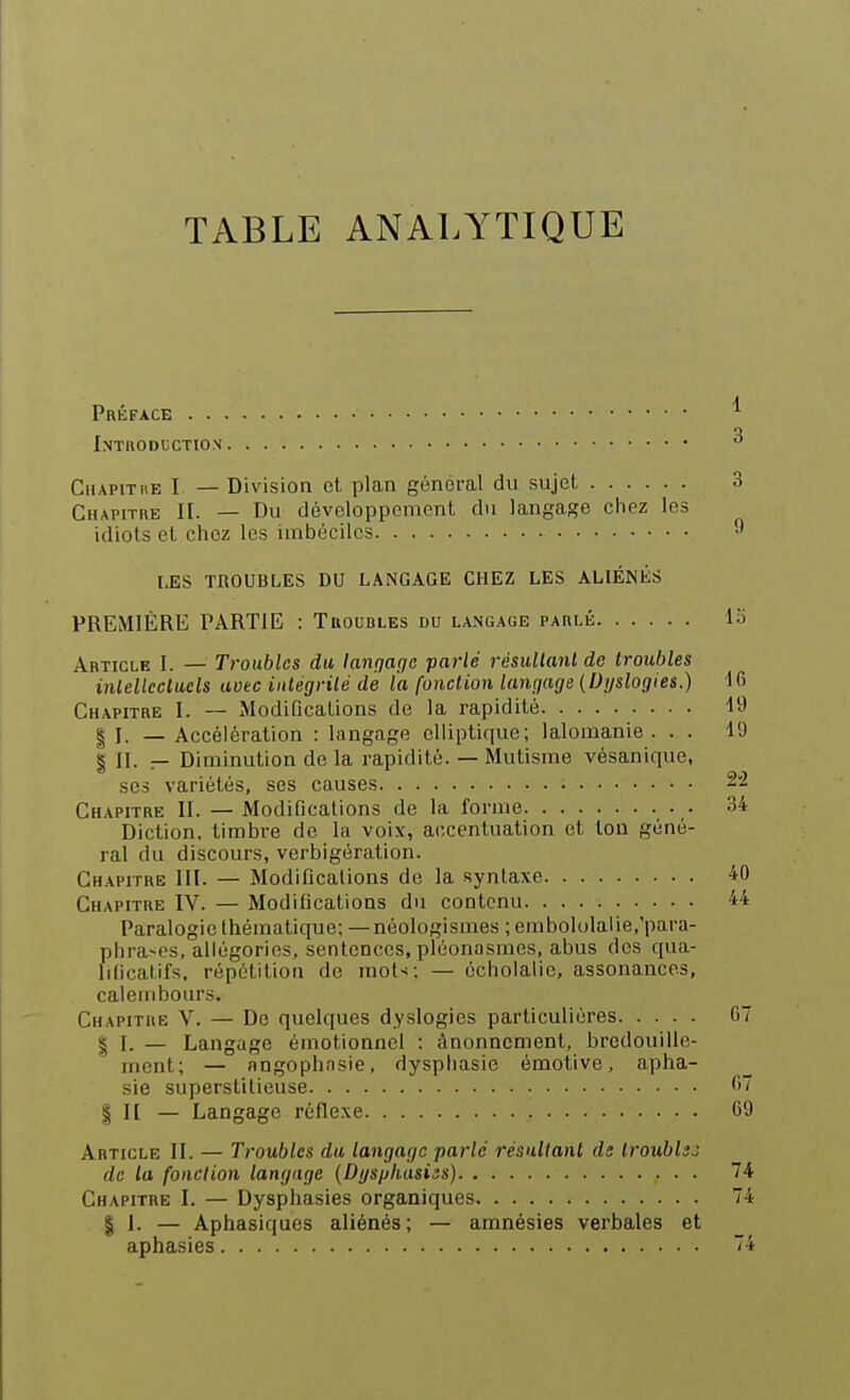 TABLE ANALYTIQUE Préface ^ l;<TRODi;CTION 2 Chapitre I — Division et plan général du sujet 3 Chapitre H. — Du développement du langage chez les idiots et chez les imbéciles ^ LES TROUBLES DU LANGAGE CHEZ LES ALIÉNÉS PREMIÈRE PARTIE : Troubles du langage parlé lo Article I. — Troubles du langage parlé résullanl de troubles inlellccluels avec inlegrilé de l'a fonction langage (Dyslogies.) i& Chapitre I. — Modifications de la rapidité 1!) I j. _ Accélération : langage elliptique; lalomanie . . . 19 § II. — Diminution de la rapidité. — Mutisme vésanique, ses variétés, ses causes 22 Chapitre II. — Modifications de la forme . 34 Diction, timbre de la voix, accentuation et ton géné- ral du discours, verbigération. Chapitre III. — Modifications de la syntaxe 40 Chapitre IV. — Modifications du contenu 44 Paralogie thématique; —néologismes ; embolulalie.'para- phra-cs, allégories, sentences, pléonasmes, abus des qua- lificatifs, répétition de mots; — ocholalie, assonances, calembours. Chapitre V. — De quelques dyslogies particulières G I I. — Langage émotionnel : ânonncment, bredouille- inent; — angophnsie, dyspliasie émotive, apha- sie superstitieuse *> I II — Langage réfle.xe G9 Article II. — Troubles du langage parlé résultant ds Iroubh.: de la fonction langage {Dysphasiss) 74 Chapitre I. — Dysphasies organiques 74 I i. — Aphasiques aliénés; — amnésies verbales et aphasies 74