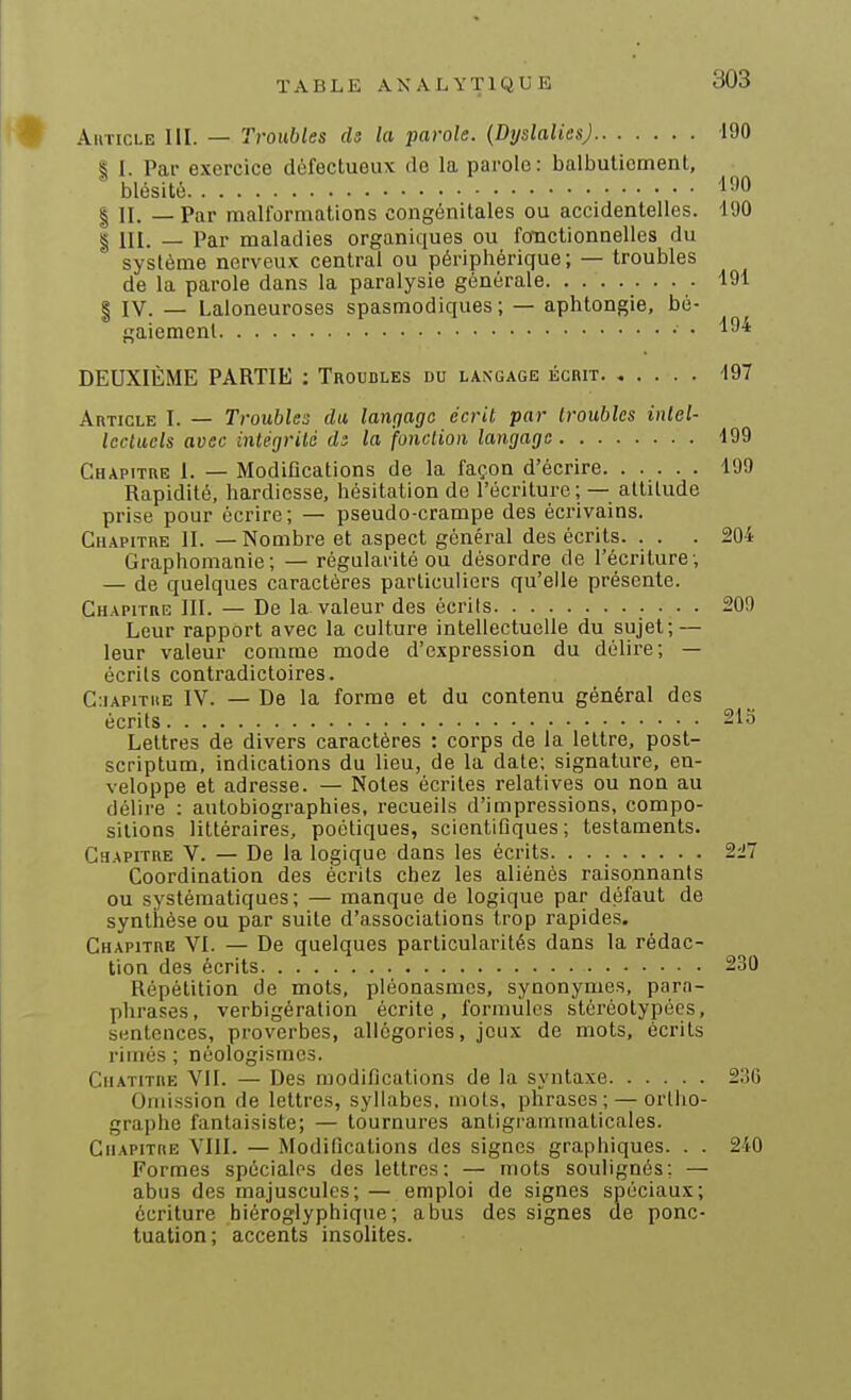 AuTicLE III. — Troubles ds la parole. (DyslaliesJ 190 I I. Par exercice défectueux de la parole : balbutiement, blésité l-'O I II. — Par malformations congénitales ou accidentelles. 190 § 111. _ Par maladies organiques ou fonctionnelles du système nerveux central ou périphérique; — troubles de la parole dans la paralysie générale 191 I IV. — Laloneuroses spasmodiques ; — aphtongie, bé gaiement. 194 DEUXIÈME PARTIE : Troubles du langage écrit 197 Article I. — Troubles da langage écrit par troubles intel- lectuels avec intégrité ds la fonclioii langage 199 Chapitre 1. — Modifications de la façon d'écrire 199 Rapidité, hardiesse, hésitation de l'écriture; — altitude prise pour écrire; — pseudo-crampe des écrivains. Chapitre II. — Nombre et aspect général des écrits. . . .204 Graphomanie; — régularité ou désordre de l'écriture; — de quelques caractères particuliers qu'elle présente. Chapitre III. — De la valeur des écrits 209 Leur rapport avec la culture intellectuelle du sujet; — leur valeur comme mode d'expression du délire; — écrits contradictoires. C:iAPiTitE IV. — De la forme et du contenu général des écrits 21 Lettres de divers caractères : corps de la lettre, post- scriptum. indications du lieu, de la date; signature, en- veloppe et adresse. — Notes écrites relatives ou non au délire : autobiographies, recueils d'impressions, compo- sitions littéraires, poétiques, scientifiques; testaments. Chapitre V. — De la logique dans les écrits 2f Coordination des écrits chez les aliénés raisonnants ou systématiques; — manque de logique par défaut de synthèse ou par suite d'associations trop rapides. Chapitre VI. — De quelques particularités dans la rédac- tion des écrits 23 Répétition de mots, pléonasmes, synonymes, para- phrases, verbigération écrite, formules stéréotypées, sentences, proverbes, allégories, jeux de mots, écrits rimes ; néologismes. Cuatitre VII. — Des modifications de la syntaxe 23 Omission de lettres, syllabes, mots, phrases; — ortho- graphe fantaisiste; — tournures antigrammaticales. Chapitre VIII. — Modifications des signes graphiques. . . 24 Formes spéciales des lettres: — mots soulignés; — abus des majuscules; — emploi de signes spéciaux; écriture hiéroglyphique; abus des signes de ponc- tuation; accents insolites.