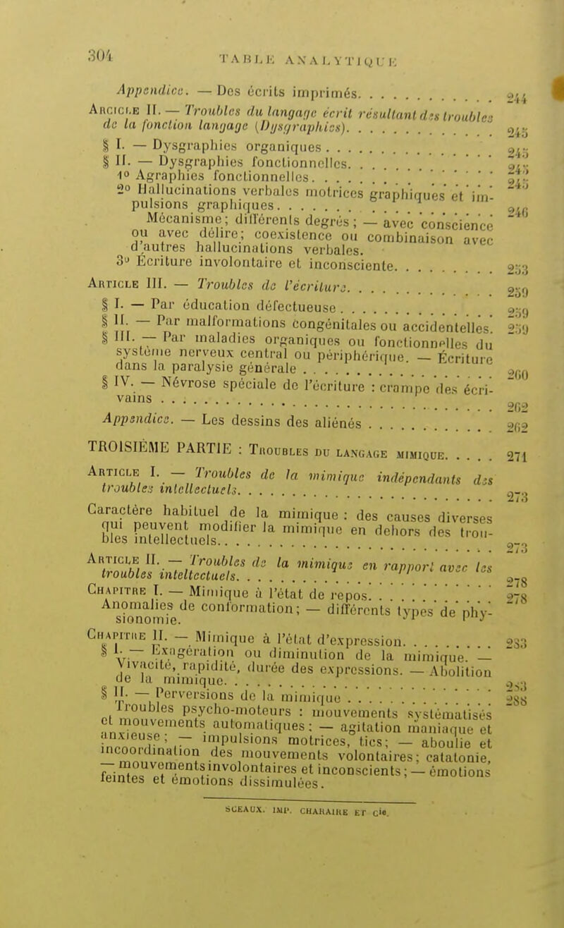 AXA I.YTIQL K i44 Appendice. — Des écrits imprimés Ancici.E IL —Troubles du langage écrit rémltanld^s Iroublcs de la joncUon langage {Dgsr/raphics) 043 I I- — Dysgrapliics organiques o-- I II. — Dysçrapiiies fonclionnellcs 9!'. 10 Agraphics Ibnelionnelles ' ^Tr 2° IJallucinaiions verbales motrices ëraphiauës eVim' pulsions graphiques ^ 9,p Mécanisme ; diilérenls degrés ; - avec consciéncé ou avec délire; coexistence ou combinaison avec ^ d autres hallucinations verbales. 3 Ecriture involontaire et inconsciente 9-. Article III. — Troubles do l'écrilurô 2o!t il- — Par éducation défectueuse ! î!;  ^n'' ''l'^o^nations congénitales ou àccidenlelles i ill. — Par maladies organiques ou fonctionnplles du systcme nerveux central ou périphérique. - Écriture dans la paralysie générale ........... I IV. — Névrose spéciale de l'écriture ': crampe des écri- ^^^s '■ 202 Appsndica. — Les dessins des aliénés 2f.2 TROISIÈME PARTIE : Tuoubles du la.n-gage mimique 271 AnTicLB I. - Troubles de la mimique indépendants dis troubles tnlellectuels c,-.^ Caractère habituel de la mimique : des causes diverses LTSueT^^ ''^^ ^ 2i. Articue U - Troubles de la mimique en rapport avec tas troubles tnteltcctuels ''^ ^.^ Chapitre I. — Mimique à l'état de repos! '.Sys Anomalies de conlormation ; - différents types de nliVl  sionomie. ' 23.'î Chapiti.e II. - Mimique à l'état d'expression. . ^ \r~ '!'.'^.gei''it'on ou diminution de la mimique — Vivacité, rapidité, durée des expressions. — Alîoliiion oe Ja mimique c,^-^ ^ ~, f C''^*'''sions de la mimique . Iroubles psycho-moteurs : mouvements systématisés •fnx Pnr''''^' '^'«•tifP'es: - agitation maniaque et anxieuse — impulsions motrices, tics; — aboulie et mo„v ? des mouvements volontaires ; calalonie, frimp, pri ^'''°'?°^^'*'' inconscients ; - émotions leintes et émotions dissimulées. SCEAU.X. IMl'. CHARAlltE ET C'«.