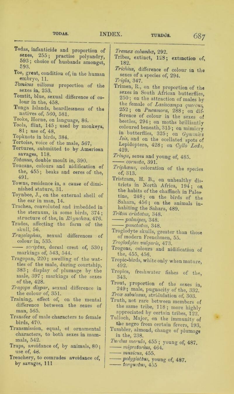 Todas, iufanticide and proportion of sexes, 255; practise polyandry, 593 ; choice of husbands amongst, 593. Toe, great, condition of, in the human embryo, 11. I'omicus villosus proportion of the sexes in, 253. Tomtit, blue, sexual dilference of co- lour in the, 458. Tonga Islands, beardlessness of the natives of, 560, 581. Tooke, Horne, on language, 86. Tools, flint, 145; used by monkeys, 81; use of, 48. Topknots in birds, 384. Tortoise, voice of the male, 567, Tortures, submitted to by American savages, 118. Totarms, double moult in, 390. Toucans, colours and nidification of the, 455; beaks and ceres of the, 491. Towns, residence in, a cause of dimi- nished stature, 31. Toynbee, J., on the external shell of the ear in man, 14. Trachea, convoluted and imbedded in the sternum, in some bird.s, 374; structure of the, in Bhynchcaa, 476. Trades, affecting the form of the skull, 56. Trwjelaphus, sexual differences of colour in, 535. scrtptus, dorsal crest of, 530; markings of, 543, 544. Tragopan, 220; swelling of the wat- tles of the male, during courtship, 383; display of plumage by the male, 397 ; markings of the sexes of the, 428. Tracjops dispar^ sexual difference in the colour of, 351. Training, effect of, on the mental difference between the .sexes of man, 565. Transfer of male characters to female birds, 470. Transmission, equal, of ornamental characters, to both sexes in mam- mals, 542. Traps, avoidance of, by animals, 80; use of, 48. Treachery, to comrades avoidance of, by savages. 111 Tremex columbm, 292. Tribes, extinct, 128: extinction of. 182. Trichius, difference of colour in the sexes of a species of, 294. Trigla, 347. Irimen, R., on the proportion of the sexes in South African butterflies, 250 ; on the attraction of males by the female of Lasiocampa quercus, 252 ; on Fneumora, 288; on dif- ference of colour in the sexes of beetles, 294; on moths brilliantly coloured beneath, 315 ; on mimicry in butterflies, 325; on Gyn-inisi Isis, and on the ocellated spots of Lepidoptera, 428; on Cullo Ledi, 429. ' Tringa, sexes and young of, 485. cornuta, 391. Triphoena, coloration of the species of, 313. Tristram, H. B., on unhealthy dis- tricts in North Africa, 194; or the habits of the chaffinch in Pale.s- tine, 248; on the birds of the Sahara, 456; on the animals in- habiting the Sahara, 489. Triton cristatiis, 348. palmipes, 348. punctatus, 348. Troglodyte skulls, greater than those of modern Frenchmen, 55. Troglodytes vulgaris, 473. Trogons, colours and nidification of the, 455, 456. Tropic-birds, white only when mature, 492. ’ Trojiics, freshwater fishes of the, 343. ■’ Trout, proportion of the sexes in, 249; male, pugnacity of the, 332. Trox sabu'osus, sti-ivlulation of, 303. Truth, not rare between members of the same tribe, 118; more highly appreciated by certain tribes, 122. Tulioch, Major, on the immunity 0/ tJie negro from certain fevers, 193, Tumbler, almond, change of plumave in the, 238. Turdus meruh, 455 ; young of, 487. migratorius, 464. musicus, 455. polyglottus, young of, 487. 455