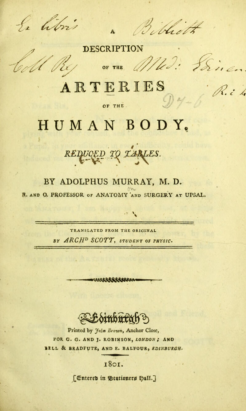 A Jt o/ £ DESCRIPTION OF THE J/Z'.- ARTERIES D*? OF THE V^' HUMAN BODY. y f ' fl.c' RE Z^$LES. BY ADOLPHUS MURRAY, M. D. £r*v R. and O. PROFESSOR or ANATOMY 'and SURGERY at UPSAL. \ \ TRANSLATED FROM THE ORIGINAL by ARCHD SCOTT, student of physic. Printed by Join Brown, Anchor Close, FOR G. G. AND J. ROBINSON, LONDON f AND 1ELL & BRADFVTE, AND E. BALFOUR, EDINBURGH■ 1801. [€ntcreti in ©tatioitcrji lpall.3
