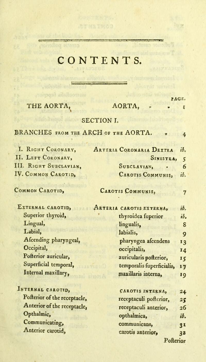PAGE, THE AORTA, \ AORTA, - l SECTION I. BRANCHES from the ARCH of the AORTA. » 4 I. Right Coronary, Arteria Coronaria Dextra ib. II. Left Coronary, Sinistra, 5 III. Right Subclavian, Subclavian, 6 IV. Common Carotid, Carotis Communis, ib. Common Carotid, Carotis Communis, 7 External carotid, Arteria carotis externa, ib. Superior thyroid, thyroidea fuperior ib. Lingual, lingualis, S Labial, labialis. 9 Afcending pharyngeal, pharyngea afcendens *3 Occipital, occipitalis, 14 Pofterior auricular, auricularis pofterior, *5 Superficial temporal, temporalis fuperficialis, *7 Internal maxillary, maxillaris interna, '9 Internal carotid, carotis interna, 24. Pofterior of the receptacle, receptaculi pofterior, 2J Anterior of the receptacle, receptaculi anterior, 26 Opthalmic, opthalmica, ib. Communicating, communicans, 31 Anterior carotid. carotis anterior. 3* Pofterior