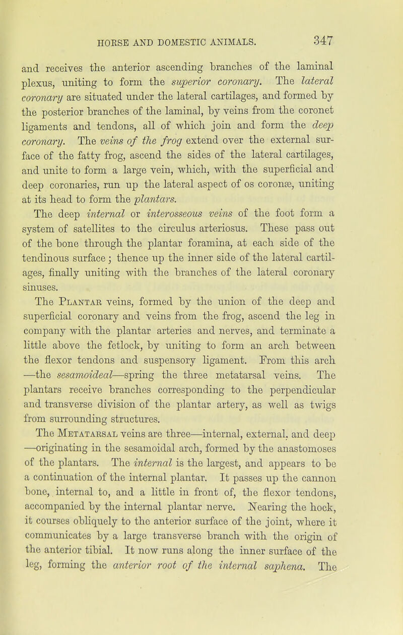 and receives the anterior ascending branches of the laminal plexus, uniting to form the superior coronary. The lateral coronary axe situated under the lateral cartilages, and formed by the posterior branches of the laminal, by veins from the coronet ligaments and tendons, all of which join and form the deep coronary. The veins of the frog extend over the external sur- face of the fatty frog, ascend the sides of the lateral cartilages, and unite to form a large vein, which, with the superficial and deep coronaries, run up the lateral aspect of os coronae, uniting at its head to form the plantars. The deep internal or interosseous veins of the foot form a system of satellites to the circulus arteriosus. These pass out of the bone through the plantar foramina, at each side of the tendinous surface; thence up the inner side of the lateral cartil- ages, finally uniting with the branches of the lateral coronary sinuses. The Plantar veins, formed by the union of the deep and superficial coronary and veins from the frog, ascend the leg in company with the plantar arteries and nerves, and terminate a little above the fetlock, by uniting to form an arch between the flexor tendons and suspensory ligament. From this arch —the sesamoideal—spring the three metatarsal veins. The plantars receive branches corresponding to the perpendicular and transverse division of the plantar artery, as well as twigs from surrounding structures. The Metatarsal veins are three—internal, external, and deep —originating in the sesamoidal arch, formed by the anastomoses of the plantars. The internal is the largest, and appears to be a continuation of the internal plantar. It passes up the cannon bone, internal to, and a little in front of, tbe flexor tendons, accompanied by the internal plantar nerve, bearing the hock, it courses obliquely to the anterior surface of the joint, where it communicates by a large transverse branch with the origin of the anterior tibial. It now runs along the inner surface of the leg, forming the anterior root of the internal saphena. The