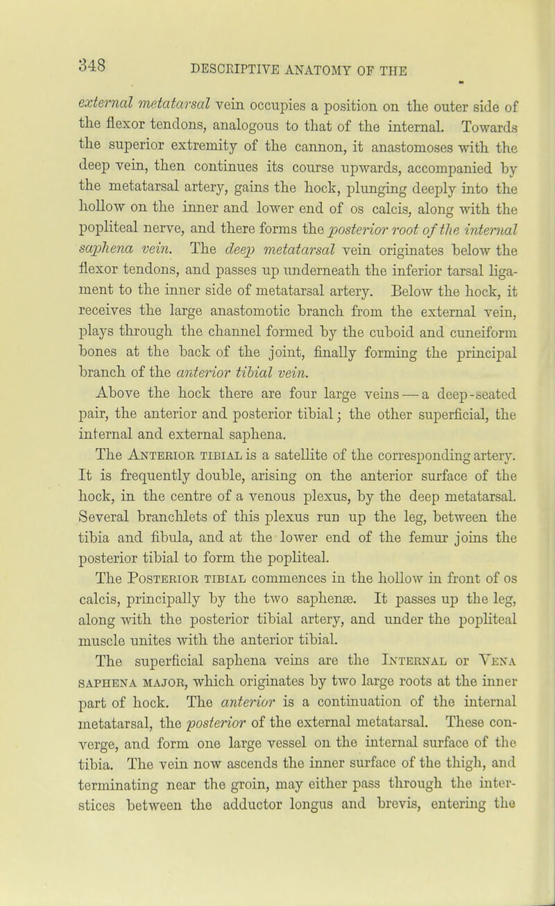 external metatarsal vein occupies a position on the outer side of the flexor tendons, analogous to that of the internal. Towards the superior extremity of the cannon, it anastomoses with the deep vein, then continues its course upwards, accompanied by the metatarsal artery, gains the hock, plunging deeply into the hollow on the inner and lower end of os calcis, along with the popliteal nerve, and there forms the posterior root of the internal saphena vein. The deep metatarsal vein originates below the flexor tendons, and passes up underneath the inferior tarsal liga- ment to the inner side of metatarsal artery. Below the hock, it receives the large anastomotic branch from the external vein, plays through the channel formed by the cuboid and cuneiform bones at the back of the joint, finally forming the principal branch of the anterior tibial vein. Above the hock there are four large veins — a deep-heated pair, the anterior and posterior tibial; the other superficial, the infernal and external saphena. The Anterior tibial is a satellite of the corresponding artery. It is frequently double, arising on the anterior surface of the hock, in the centre of a venous plexus, by the deep metatarsal. Several branchlets of this plexus run up the leg, between the tibia and fibula, and at the lower end of the femur joins the posterior tibial to form the popliteal. The Posterior tibial commences in the hollow in front of os calcis, principally by the two saphense. It passes up the leg, along with the posterior tibial artery, and under the popliteal muscle unites with the anterior tibial. The superficial saphena veins are the Internal or Vena saphena major, which originates by two large roots at the inner part of hock. The anterior is a continuation of the internal metatarsal, the posterior of the external metatarsal. These con- verge, and form one large vessel on the internal surface of the tibia. The vein now ascends the inner surface of the thigh, and terminating near the groin, may either pass through the inter- stices between the adductor longus and brevis, entering the