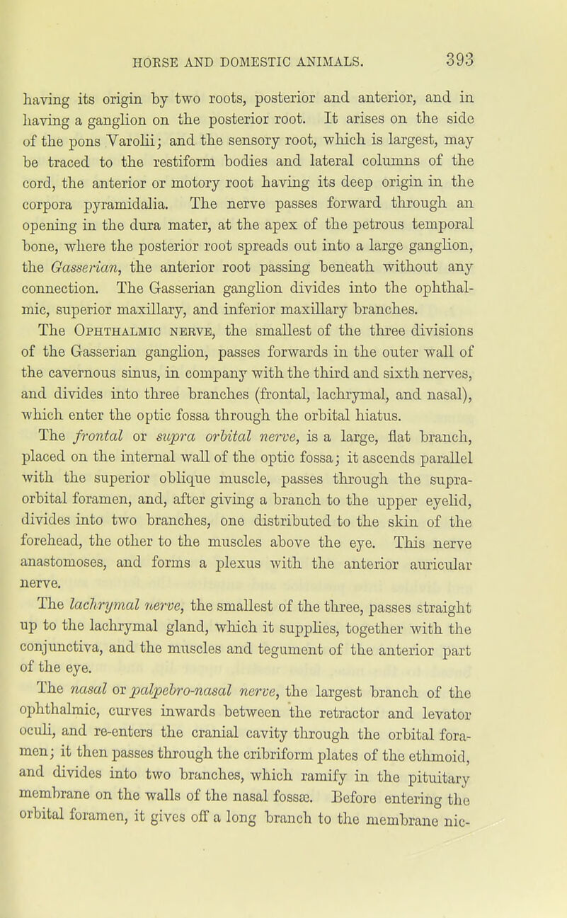 having its origin by two roots, posterior and anterior, and in having a ganglion on the posterior root. It arises on the side of the pons Varolii; and the sensory root, -which is largest, may he traced to the restiform bodies and lateral columns of the cord, the anterior or motory root having its deep origin in the corpora pyramidalia. The nerve passes forward through an opening in the dura mater, at the apex of the petrous temporal bone, where the posterior root spreads out into a large ganglion, the Gasserian, the anterior root passing beneath without any connection. The Gasserian ganglion divides into the ophthal- mic, superior maxillary, and inferior maxillary branches. The Ophthalmic nerve, the smallest of the three divisions of the Gasserian ganglion, passes forwards in the outer wall of the cavernous sinus, in company with the third and sixth nerves, and divides into three branches (frontal, lachrymal, and nasal), which enter the optic fossa through the orbital hiatus. The frontal or supra orbital nerve, is a large, flat branch, placed on the internal wall of the optic fossa; it ascends parallel with the superior oblique muscle, passes through the supra- orbital foramen, and, after giving a branch to the upper eyelid, divides into two branches, one distributed to the skin of the forehead, the other to the muscles above the eye. This nerve anastomoses, and forms a plexus with the anterior auricular nerve. The lachrymal nerve, the smallest of the three, passes straight up to the lachrymal gland, which it supplies, together with the conjunctiva, and the muscles and tegument of the anterior part of the eye. The nasal or palpebronasal nerve, the largest branch of the ophthalmic, curves inwards between the retractor and levator oculi, and re-enters the cranial cavity through the orbital fora- men; it then passes through the cribriform plates of the ethmoid, and divides into two branches, which ramify in the pituitary membrane on the walls of the nasal fossae. Before entering the orbital foramen, it gives off a long branch to the membrane nic-