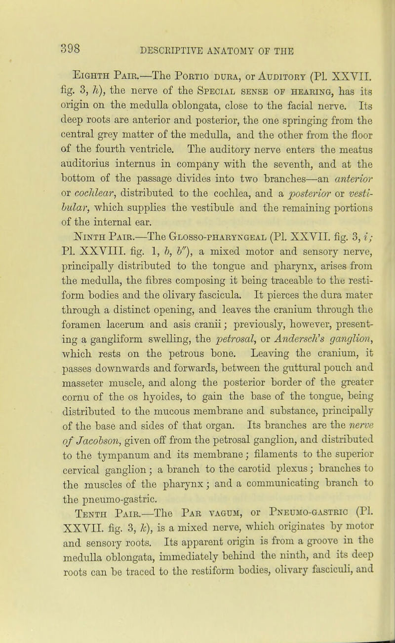 Eighth Pair.—The Portio dura, or Auditory (PL XXVII. fig. 3, h), the nerve of the Special sense of hearing, has its origin on the medulla ohlongata, close to the facial nerve. Its deep roots are anterior and posterior, the one springing from the central grey matter of the medulla, and the other from the floor of the fourth ventricle. The auditory nerve enters the meatus auditorius internus in company with the seventh, and at the bottom of the passage divides into two branches—an anterior or cochlear, distributed to the cochlea, and a posterior or vesti- bular, which supplies the vestibule and the remaining portions of the internal ear. Ninth Pair.—The Glossopharyngeal (PI. XXVII. fig. 3, i; PI. XXVIII. fig. 1, b, b), a mixed motor and sensory nerve, principally distributed to the tongue and pharynx, arises from the medulla, the fibres composing it being traceable to the resti- form bodies and the olivary fascicula. It pierces the dura mater through a distinct opening, and leaves the cranium through the foramen lacerum and asis cranii; previously, however, present- ing a gangliform swelling, the petrosal, or AnderscKs ganglion, which rests on the petrous bone. Leaving the cranium, it passes downwards and forwards, between the guttural pouch and masseter muscle, and along the posterior border of the greater cornu of the os hyoides, to gain the base of the tongue, being distributed to the mucous membrane and substance, principally of the base and sides of that organ. Its branches are the nerve of Jacobson, given off from the petrosal ganglion, and distributed to the tympanum and its membrane; filaments to the superior cervical ganglion; a branch to the carotid plexus; branches to the muscles of the pharynx; and a communicating branch to the pneumo-gastric. Tenth Pair.—The Par vagum, or Pneumo-gastric (PI. XXVII. fig. 3, k), is a mixed nerve, which originates by motor and sensory roots. Its apparent origin is from a groove in the medulla oblongata, immediately behind the ninth, and its deep roots can be traced to the restiform bodies, olivary fasciculi, and