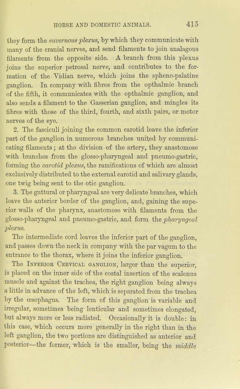 they form the cavernous plexus, by which they communicate with many of the cranial nerves, and send filaments to join analagous filaments from the opposite side. A branch from this plexns joins the superior petrosal nerve, and contributes to the for- mation of the Vidian nerve, which joins the spheno-palatine ganglion. In company with fibres from the opthalmic branch of the fifth, it communicates with the opthalmic ganglion, and also sends a filament to the Gasserian ganglion, and mingles its fibres with those of the third, fourth, and sixth pairs, or motor nerves of the eye. 2. The fasciculi joining the common carotid leave the inferior part of the ganglion in numerous branches united by communi- cating filaments; at the division of the artery, they anastomose with branches from the glosso-pharyngeal and pneumo-gastric, forming the carotid plexus, the ramifications of which are almost exclusively distributed to the external carotid and salivary glands, one twig being sent to the otic ganglion. 3. The guttural or pharyngeal are very delicate branches, which leave the anterior border of the ganglion, and, gaining the supe- rior walls of the pharynx, anastomose with filaments from the glosso-pharyngeal and pneumo-gastric, and form the pharyngeal plexus. The intermediate cord leaves the inferior part of the ganglion, and passes down the neck in company with the par vagum to the entrance to the thorax, where it joins the inferior ganglion. The Inferior Cervical ganglion, larger than the superior, is placed on the inner side of tbe costal insertion of the scalenus muscle and against the trachea, the right ganglion being always a little in advance of the left, which is separated from the trachea by the oesophagus. The form of this ganglion is variable and irregular, sometimes being lenticular and sometimes elongated, but always more or less radiated. Occasionally it is double: in this case, which occurs more generally in the right than in the left ganglion, the two portions are distinguished as anterior and posterior—the former, which is the smaller, being the middle