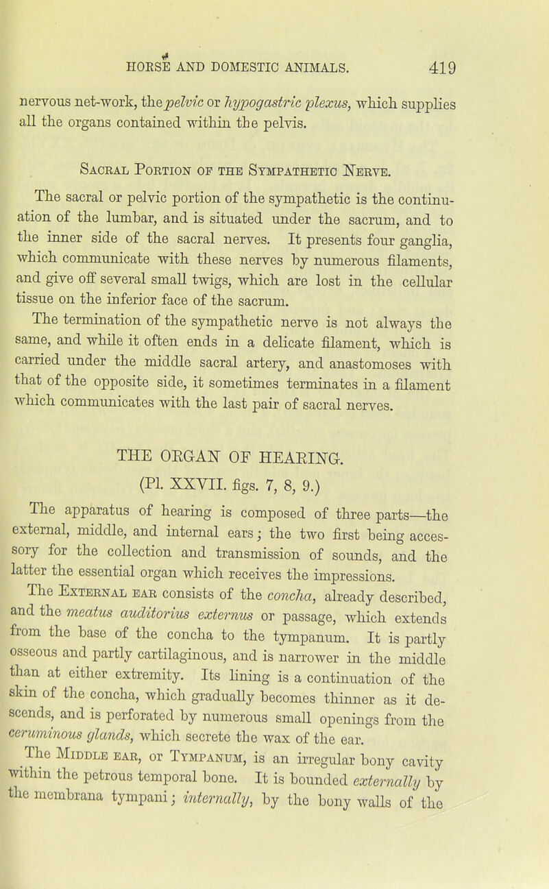 HOESE AND DOMESTIC ANIMALS. 419 nervous net-work, tkepelvic or hypogastric plexus, which supplies all the organs contained within the pelvis. Sacral Portion op the Sympathetic Nerve. The sacral or pelvic portion of the sympathetic is the continu- ation of the lumbar, and is situated under the sacrum, and to the inner side of the sacral nerves. It presents four ganglia, which communicate with these nerves by numerous filaments, and give off several small twigs, which are lost in the cellular tissue on the inferior face of the sacrum. The termination of the sympathetic nerve is not always the same, and while it often ends in a delicate filament, which is carried under the middle sacral artery, and anastomoses with that of the opposite side, it sometimes terminates in a filament which communicates with the last pair of sacral nerves. THE OBGrAN OF HEAPING. (PL XXVII. figs. 7, 8, 9.) The apparatus of hearing is composed of three parts—the external, middle, and internal ears; the two first being acces- sory for the collection and transmission of sounds, and the latter the essential organ which receives the impressions. The External ear consists of the concha, already described, and the meatus auditorius externus or passage, which extends from the base of the concha to the tympanum. It is partly osseous and partly cartilaginous, and is narrower in the middle than at either extremity. Its lining is a continuation of the skin of the concha, which gradually becomes thinner as it de- scends, and is perforated by numerous small openings from the ceruminous glands, which secrete the wax of the ear. The Middle ear, or Tympanum, is an irregular bony cavity within the petrous temporal bone. It is bounded externally by the membrana tympani; internally, by the bony walls of the