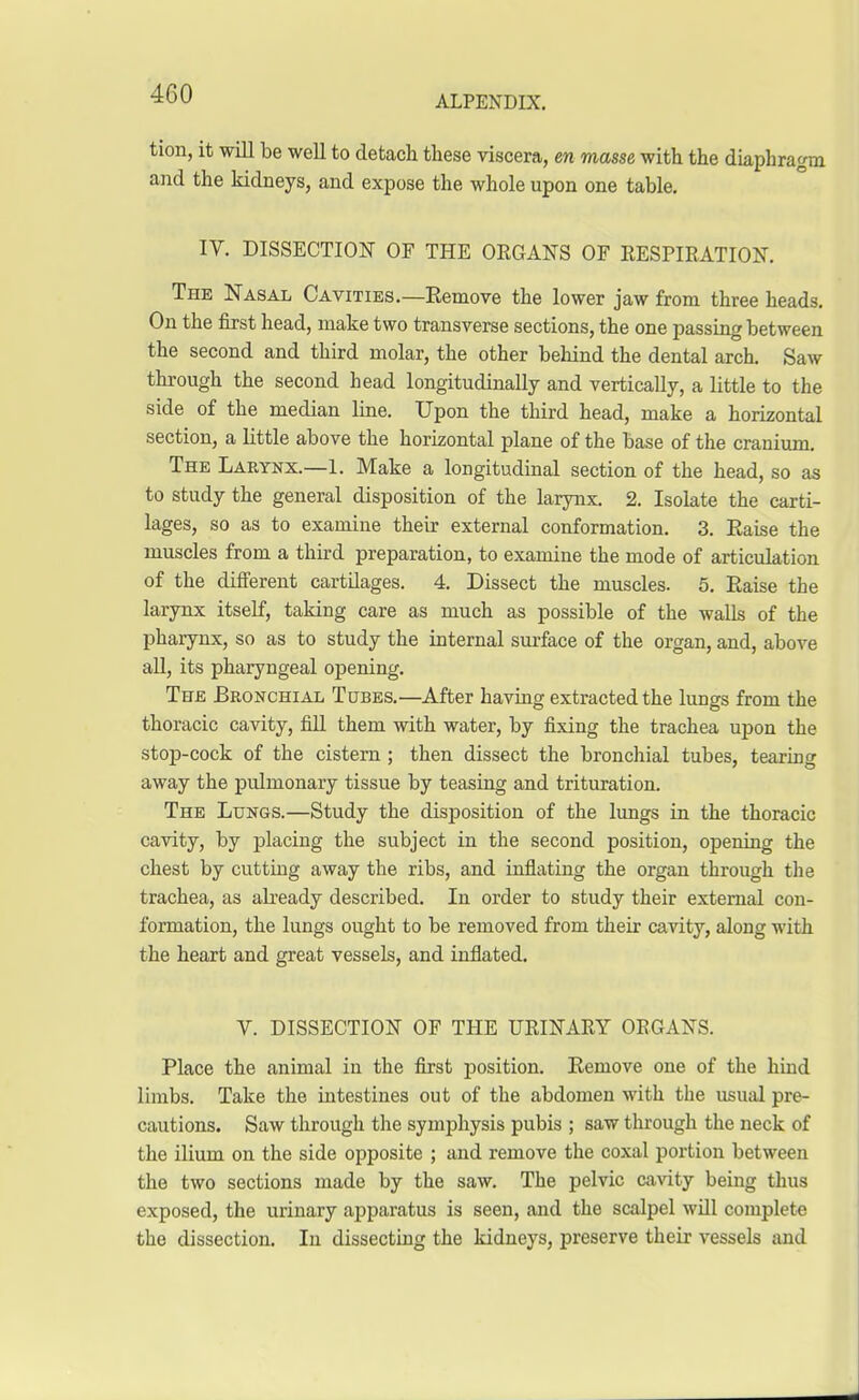 ALPENDIX. tion, it will be well to detach these viscera, en masse with the diaphragm and the kidneys, and expose the whole upon one table. IV. DISSECTION OF THE ORGANS OF RESPIRATION. The Nasal Cavities.—Eemove the lower jaw from three heads. On the first head, make two transverse sections, the one passing between the second and third molar, the other behind the dental arch. Saw through the second head longitudinally and vertically, a little to the side of the median line. Upon the third head, make a horizontal section, a little above the horizontal plane of the base of the cranium. The Larynx.—1. Make a longitudinal section of the head, so as to study the general disposition of the larynx. 2. Isolate the carti- lages, so as to examine their external conformation. 3. Eaise the muscles from a third preparation, to examine the mode of articulation of the different cartilages. 4. Dissect the muscles. 5. Raise the larynx itself, taking care as much as possible of the walls of the pharynx, so as to study the internal surface of the organ, and, above all, its pharyngeal opening. The Bronchial Tubes.—After having extracted the lungs from the thoracic cavity, fill them with water, by fixing the trachea upon the stop-cock of the cistern ; then dissect the bronchial tubes, tearing away the pulmonary tissue by teasing and trituration. The Lungs.—Study the disposition of the lungs in the thoracic cavity, by placing the subject in the second position, opening the chest by cutting away the ribs, and inflating the organ through the trachea, as already desciibed. In order to study their external con- formation, the lungs ought to be removed from their cavity, along with the heart and great vessels, and inflated. V. DISSECTION OF THE URINARY ORGANS. Place the animal in the first position. Remove one of the hind limbs. Take the intestines out of the abdomen with the usual pre- cautions. Saw through the symphysis pubis ; saw through the neck of the ilium on the side opposite ; and remove the coxal portion between the two sections made by the saw. The pelvic cavity being thus exposed, the urinary apparatus is seen, and the scalpel will complete the dissection. In dissecting the kidneys, preserve their vessels and