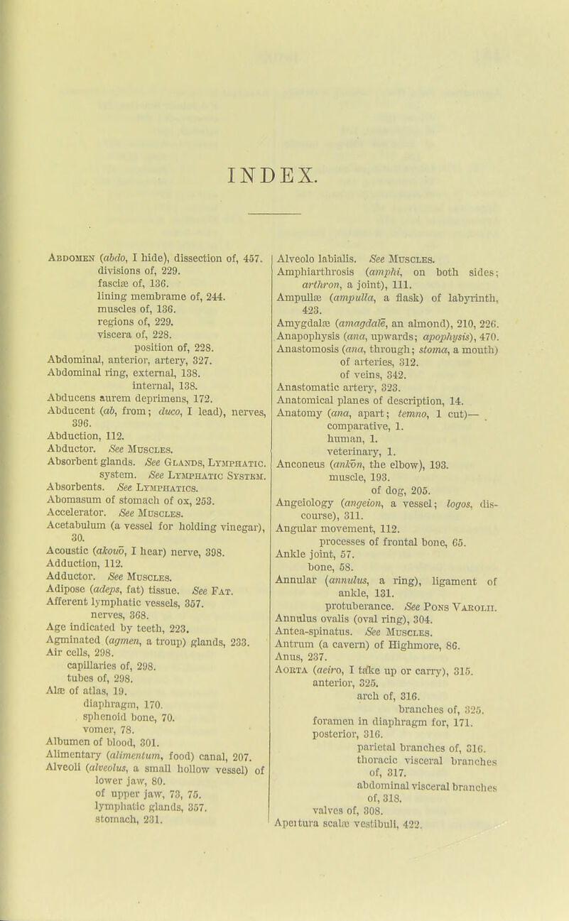 INDEX. Abdomen (abdo, I hide), dissection of, 457. divisions of, 229. fascia? of, 136. lining membrame of, 244. muscles of, 136. regions of, 229. viscera of, 228. position of, 228. Abdominal, anterior, artery, 327. Abdominal ring, external, 138. internal, 138. Abducens aurem deprimens, 172. Abducent (ab, from; duco, I lead), nerves, 396. Abduction, 112. Abductor. See Muscles. Absorbent glands. See Glands, Lymphatic. system. See Lymphatic System. Absorbents. See Lymphatics. Abomasum of stomach of ox, 253. Accelerator. ,See Muscles. Acetabulum (a vessel for holding vinegar), 30. Acoustic (akoud, I hear) nerve, 398. Adduction, 112. Adductor. See Muscles. Adipose (adeps, fat) tissue. See Fat. Afferent lymphatic vessels, 357. nerves, 3G8. Age indicated by teeth, 223. Agminated (agmen, a troup) glands, 233. Air cells, 298. capillaries of, 298. tubes of, 298. Aire of atlas, 19. diaphragm, 170. sphenoid bone, 70. vomer, 78. Albumen of blood, 301. Alimentary (alimentum, food) canal, 207. Alveoli (alveolus, a small hollow vessel) of lower jaw, 80. of upper jaw, 73, 75. lymphatic glands, 357. stomach, 231. Alveolo labialis. See Muscles. Amphiarthrosis (amp/ii, on both sides; arthron, a joint), 111. Ampulla? (ampulla, a flask) of labyrinth. 423. Amygdala? (amagdale, an almond), 210, 226. Anapophysis (ana, upwards; apophysis), 470. Anastomosis (ana, through; stoma, a mouth) of arteries, 312. of veins, 342. Anastomatic artery, 323. Anatomical planes of description, 14. Anatomy (ana, apart; temno, 1 cut)— comparative, 1. human, 1. veterinary, 1. Anconeus (antion, the elbow), 193. muscle, 193. of dog, 205. Angeiology (angeion, a vessel; logos, dis- course), 311. Angular movement, 112. processes of frontal bone, 65. Ankle joint, 57. bone, 58. Annular (anmdus, a ring), ligament of ankle, 131. protuberance. See Pons Varolii. Annulus ovalis (oval ring), 304. Antea-spinatus. See Muscles. Antrum (a cavern) of Highmore, 86. Anus, 237. Aorta (aeiro, I tnke up or carry), 315. anterior, 325. arch of, 316. branches of, 325. foramen in diaphragm for, 171. posterior, 316. parietal branches of, 316. thoracic visceral branches of, 317. abdominal visceral branches of, 318. valves of, 308. Apeitura scale vestibuli, 422.