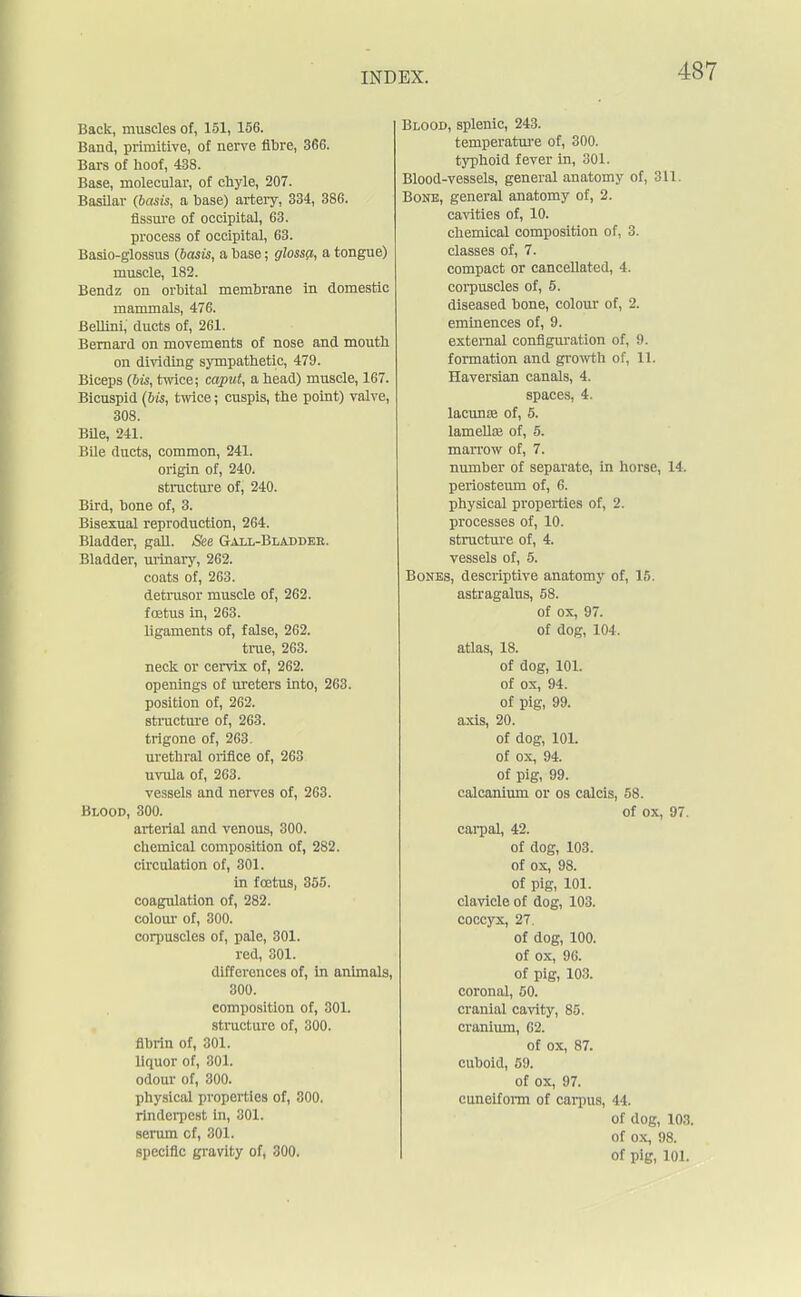 Back, muscles of, 151, 156. Band, primitive, of nerve fibre, 366. Bars of hoof, 438. Base, molecular, of chyle, 207. Basilar (basis, a base) artery, 334, 386. fissure of occipital, 63. process of occipital, 63. Basio-glossus (basis, a base; glossa., a tongue) muscle, 182. Bendz on orbital membrane in domestic mammals, 476. Bellini, ducts of, 261. Bernard on movements of nose and mouth on dividing sympathetic, 479. Biceps (bis, twice; caput, a head) muscle, 167. Bicuspid (bis, twice; cuspis, the point) valve, 308. Bile, 241. Bile ducts, common, 241. origin of, 240. structure of, 240. Bird, bone of, 3. Bisexual reproduction, 264. Bladder, gall. See Gail-Bladder. Bladder, urinary, 262. coats of, 263. detrusor muscle of, 262. foetus in, 263. ligaments of, false, 262. time, 263. neck or cervix of, 262. openings of ureters into, 263. position of, 262. structure of, 263. trigone of, 263. urethral orifice of, 263 uvula of, 263. vessels and nerves of, 263. Blood, 300. arterial and venous, 300. chemical composition of, 282. circulation of, 301. in foetus, 355. coagulation of, 282. colour of, 300. corpuscles of, pale, 301. red, 301. differences of, in animals, 300. composition of, 301. structure of, 300. fibrin of, 301. liquor of, 301. odour of, 300. physical properties of, 300. rinderpest in, 301. serum cf, 301. specific gravity of, 300. Blood, splenic, 243. temperature of, 300. typhoid fever in, 301. Blood-vessels, general anatomy of, 311. Bone, general anatomy of, 2. cavities of, 10. chemical composition of, 3. classes of, 7. compact or cancellated, 4. corpuscles of, 5. diseased bone, colour of, 2. eminences of, 9. external configuration of, 9. formation and growth of, 11. Haversian canals, 4. spaces, 4. lacunae of, 5. lamella? of, 5. marrow of, 7. number of separate, in horse, 14. periosteum of, 6. physical properties of, 2. processes of, 10. structure of, 4. vessels of, 5. Bones, descriptive anatomy of, 15. astragalus, 58. of ox, 97. of dog, 104. atlas, 18. of dog, 101. of ox, 94. of pig, 99. axis, 20. of dog, 101. of ox, 94. of pig, 99. calcanium or os calcis, 58. of ox, 97. carpal, 42. of dog, 103. of ox, 98. of pig, 101. clavicle of dog, 103. coccyx, 27. of dog, 100. of ox, 96. of pig, 103. coronal, 50. cranial cavity, 85. cranium, 62. of ox, 87. cuboid, 59. of ox, 97. cuneiform of carpus, 44. of dog, 103. of ox, 98. of pig, 101.