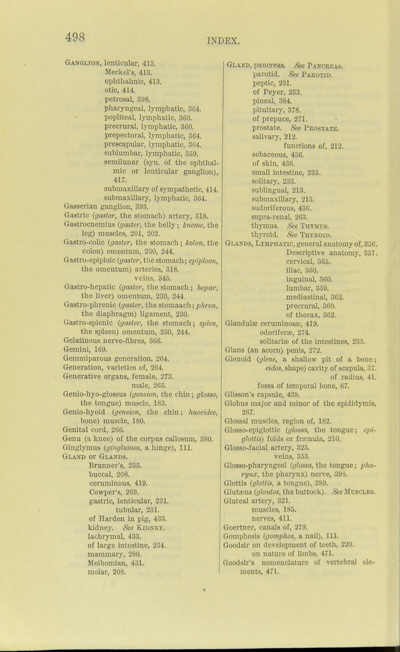 INDEX. Ganglion, Lenticular, 413. Meckel's, 413. ophthalmic, 413. otic, 414. petrosal, 398. pharyngeal, lymphatic, 3G4. popliteal, lymphatic, 360. precrural, lymphatic, 3G0. prepectoral, lymphatic, 364. prescapulav, lymphatic, 364. sublumbar, lymphatic, 359. semilunar (syn. of the ophthal- mic or lenticular ganglion), 417. submaxillary of sympathetic, 414. submaxillary, lymphatic, 364. Gasserian ganglion, 393. Gastric (gaster, the stomach) artery, 318. Gastrocnemius {gaster, the belly; kneme, the leg) muscles, 201, 202. Gastro-colic (gaster, the stomach; kolon, the colon) omentum, 230, 244. Gastro-epiploic (gaster, the stomach; epiploon, the omentum) arteries, 318. veins, 345. Gastro-hepatic (gaster, the stomach; hepar, the liver) omentum, 230, 244. Gastro-phrenic (gaster, the stomaach; phren, the diaphragm) ligament, 230. Gastro-splenic (gaster, the stomach; splen, the spleen) omentum, 230, 244. Gelatinous nerve-fibres, 366. Gemini, 169. Gemmiparous generation, 264. Generation, varieties of, 264. Generative organs, female, 273. male, 265. Genio-hyo-glossus (geneion, the chin ; glosso, the tongue) muscle, 183. Genio-hyoid (geneion, the chin; liuoeides, bone) muscle, 180. Genital cord, 266. Genu (a knee) of the corpus callosum, 380. Ginglymus (ginglumos, a hinge), 111. Gland or Glands. Brunner's, 233. buccal, 208. ceruminous, 419. Cowper's, 269. gastric, lenticular, 231. tubular, 231. of ITarden in pig, 433. kidney. See Kidney. lachrymal, 433. of large intestine, 234. mammary, 280. Meibomian, 431. molar, 208. Gland, pancreas. See Pancreas. parotid. See Parotid. peptic, 231. of Peyer, 233. pineal, 384. pituitary, 378. of prepuce, 271. prostate. See Prostate. salivary, 212. functions of, 212. sebaceous, 436. of skin, 436. small intestine, 233. solitary, 233. sublingual, 213. submaxillary, 213. sudoriferous, 436. supra-renal, 263. thymus. See Thymus. thyroid. See Thyroid. Glands, Lymphatic, general anatomy of, 356. Descriptive anatomy, 357. cervical, 365. iliac, 360. inguinal, 360. lumbar, 359. mediastinal, 362. precrural, 360. of thorax, 362. Glanduhe ceruminosae, 419. odoriferse, 274. solitaria: of the intestines, 233. Glans (an acom) penis, 272. Glenoid (glene, a shallow pit of a bone; eidos, shape) cavity of scapula, 37. of radius, 41. fossa of temporal bone, 67. Glisson's capsule, 439. Globus major and minor of the epididymis, 267. Glossal muscles, region of, 182. Glosso-epiglottic (glossa, the tongue; epi- glottis) folds or framula, 210. Glosso-facial artery, 325. veins, 353. Glosso-pharyngeal (glossa, the tongue; pha- rynx, the pharynx) nerve, 398. Glottis (glottis, a tongue), 289. Glutreus (gloutos, the but tock). See Muscles. Gluteal artery, 321. muscles, 185. nerves, 411. Goertner, canals of, 279. Gomphosis (gomphos, a nail), 111. Goodsir on development of teeth, 220. on nature of limbs, 471. Goodsir's nomenclature of vertebral ele- ments, 471.