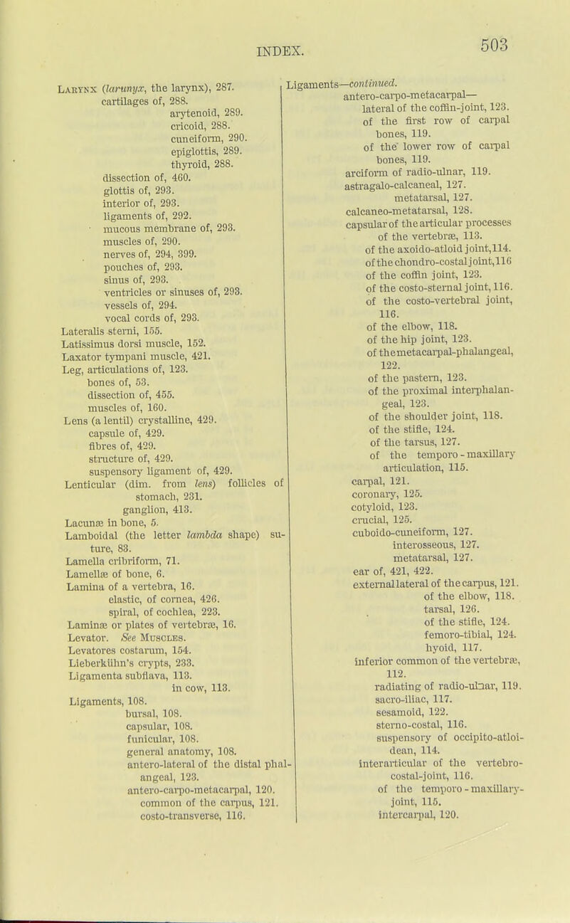 Larynx Qarmyx, the larynx), 287. Ligaments cartilages of, 288. arytenoid, 289. cricoid, 288. cuneiform, 290. epiglottis, 289. thyroid, 288. dissection of, 460. glottis of, 293. interior of, 293. ligaments of, 292. • mucous membrane of, 293. muscles of, 290. nerves of, 294, 399. pouches of, 293. sinus of, 293. ventricles or sinuses of, 293. vessels of, 294. vocal cords of, 293. Lateralis stemi, 155. Latissimus dorsi muscle, 152. Laxator tympani muscle, 421. Leg, articulations of, 123. bones of, 53. dissection of, 455. muscles of, 160. Lens (a lentil) crystalline, 429. capsule of, 429. fibres of, 429. structure of, 429. suspensory ligament of, 429. Lenticular (dim. from lens) follicles of stomach, 231. ganglion, 413. Lacuna; in bone, 5. Lamboidal (the letter lambda shape) su ture, 83. Lamella cribriform, 71. Lamella; of bone, 6. Lamina of a vertebra, 16. elastic, of cornea, 426. spiral, of cochlea, 223. Lamina; or plates of vertebras, 16. Levator. See Muscles. Levatores costarum, 154. Lieberklihn's crypts, 233. Ligamenta subflava, 113. in cow, 113. Ligaments, 108. bursal, 108. capsular, 108. funicular, 108. general anatomy, 108. antcro-lateral of the distal phal- angeal, 123. antero-carpo-metacarpal, 120. common of the carpus, 121. costo-transverse, 116. —continued. antero-carpo-metacarpal— lateral of the coffin-joint, 123. of the first row of carpal bones, 119. of the lower row of carpal bones, 119. arciform of radio-ulnar, 119. astragalo-calcaneal, 127. metatarsal, 127. calcaneo-metatarsal, 128. capsular of the articular processes of the vertebrae, 113. of the axoido-atloid joint,114. of the chondro-costal joint, 11 <i of the coffin joint, 123. of the costo-stemal joint, 116. of the costo-vertcbral joint, 116. of the elbow, 118. of the hip joint, 123. of themetacarpal-phalangeal, 122. of the pastem, 123. of the proximal interphalan- geal, 123. of the shoulder joint, 118. of the stifle, 124. of the tarsus, 127. of the temporo - maxillary articulation, 115. carpal, 121. coronary, 125. cotyloid, 123. crucial, 125. cuboido-cuneiform, 127. interosseous, 127. metatarsal, 127. ear of, 421, 422. externallateral of the carpus, 121. of the elbow, 118. tarsal, 126. of the stifle, 124. femoro-tihial, 124. hyoid, 117. inferior common of the vertebra;, 112. radiating of radio-ulnar, 119. sacro-iliac, 117. sesamoid, 122. sterno-costal, 116. suspensory of occipito-atloi- dean, 114. interarticular of the vertebro- costal-joint, 116. of the temporo - maxillary- joint, 115. Intercarpal, 120.