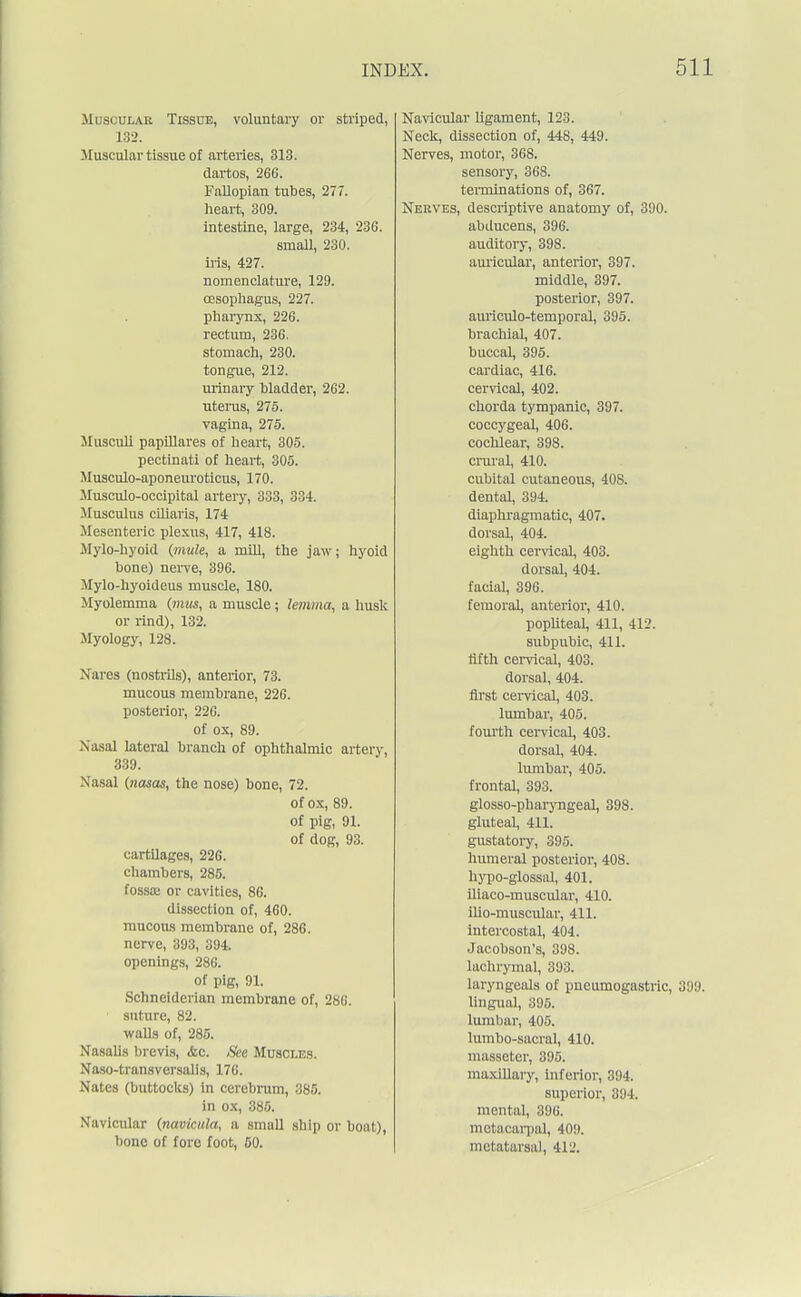 Mi st LLAR Tissue, voluntary or striped, 132. Muscular tissue of arteries, 313. daitos, 266. Fallopian tubes, 277. heart, 309. intestine, large, 234, 236. small, 230. iris, 427. nomenclature, 129. oesophagus, 227. pharynx, 226. rectum, 236. stomach, 230. tongue, 212. urinary bladder, 262. uterus, 275. vagina, 275. Musculi papillares of heart, 305. pectinati of heart, 305. Musculo-aponeurotieus, 170. Musculo-occipital artery, 333, 334. Musculus ciliaris, 174 Mesenteric plexus, 417, 418. Mylo-hyoid (mule, a mill, the jaw; hyoid bone) nerve, 396. Mylo-hyoideus muscle, 180. Myolemma (mus, a muscle ; lemma, a husk or rind), 132. Myology, 128. Xares (nostrils), anterior, 73. mucous membrane, 226. posterior, 226. of ox, 89. Nasal lateral branch of ophthalmic artery, 339. Xasal (nasas, the nose) bone, 72. of ox, 89. of pig, 91. of dog, 93. cartilages, 226. chambers, 285. fossae or cavities, 86. dissection of, 460. mucous membrane of, 286. nerve, 393, 394. openings, 286. of pig, 91. Schneiderian membrane of, 286. suture, 82. walls of, 285. Nasalis brevis, <fcc. See Muscles. Naso-transversalis, 176. Nates (buttocks) in cerebrum, 385. in ox, 385. Navicular (navicula, a small ship or boat), bone of fore foot, 50. Navicular ligament, 123. Neck, dissection of, 448, 449. Nerves, motor, 368. sensory, 368. terminations of, 367. Nerves, descriptive anatomy of, 390. abducens, 396. auditory, 398. auricular, anterior, 397. middle, 397. posterior, 397. auriculo-temporal, 395. brachial, 407. buccal, 395. cardiac, 416. cervical, 402. chorda tympanic, 397. coccygeal, 406. cochlear, 398. crural, 410. cubital cutaneous, 408. dental, 394. diaphragmatic, 407. dorsal, 404. eighth cervical, 403. dorsal, 404. facial, 396. femoral, anterior, 410. popliteal, 411, 412. subpubic, 411. fifth cervical, 403. dorsal, 404. first cervical, 403. lumbar, 405. fourth cervical, 403. dorsal, 404. lumbar, 405. frontal, 393. glosso-pharyngeal, 398. gluteal, 411. gustatory, 395. humeral posterior, 408. hypo-glossal, 401. iliaco-muscular, 410. ilio-muscular, 411. intercostal, 404. Jacobson's, 398. lachrymal, 393. laryngeals of pneumogastric, 399. lingual, 395. lumbar, 405. lumbo-sacral, 410. masseter, 395. maxillary, inferior, 394. superior, 394. mental, 396. metacarpal, 409. metatarsal, 412.