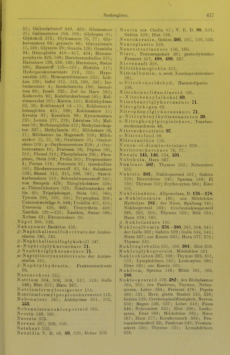 53; Gallonfarl)st<)ff 449, 450; Gliitnrsiüirc 25; Gallensituren -204, 205; Glykoifen (il; Glykokoll 272; Glykosumin 70, 77; Gly- kuronsüure 04; gepnaitc 06; Glyuxylsiiurc 15, 588; Glyzerin 29; Guanin 128; GiiaiiiiliQ 94; Uiiinoglobiii 41(i—417, 424; Hämato- poi-pliyriii 428, 598; Harubestaudteileii 575; Harnsäure 138, 139, 140; Harnsäure, Steine 580; Harnstoff 105—107; Histidin 317; Hydroparakuiuarsäure 219, 220; Hypo- xanthinl23; Honiogentisinsäuro 222; ludi- Ijan 230; Indol 312, 313, 596, 597; Iso- buttersäure 4; Isocholestorin 196; Isomal- tose 60; Inosit 225; Jod im Harn 583; Kadaverin 93; Kalziumkarbonat 585 ; Kal- ziumoxalat 585; Karuin 143; Kohlehydrate 32, 33; Kohlenoxyd 14-15; Kohlenoxyd- hämoglobin 415, 598; Kohlensäure 15; Kreatin 97; Kreatinin 98; Kyuurensäure 235; Lenzin 277, 278; Lävulose 55; Mal- tose 59 ; Methämoglobin 412 ; Methylmcrkap- tan 327; Methylamin 85; Milchsäure 16, 17; Milchsäure im Magensaft 539; Milch, zuckcr 53, 57, 58; Oxalsäure 23; Oxalur- säure 109; p - Oxybenzoesiuire 219; /?-Oxy- buttersäure 18; Pentosen 39; Pepton 581, 5S2; Phenol 216; Phenylalanin 295; Phos- phate, Stein 586; Prolin 305 ; Propionsäure 4; Purine 118; Pntreszin 92; Quecksilber 583; Rhodanwasserstoff 83, 84; Salzsäure 539; Skatol 312, 313, 596, 597; Skatol- karbonsäure 310; Schwefelwasserstoff 582; von Steapsin 479; Thioglykolsäure 326; a - Thiomilchsäure 325; Traubenzucker 46 bis 49; Tripelphospat, Stein 585, 586; Tyrosin 299, 300, 301; Tryptophan 308; TJnterschwefelige S. 568; ürobilin 457, 458; Urorosein 459, 460; üroerythrin 460; Xanthin 131 — 132; Xanthin, Steine 586; Xylose 43; Zitronensäure 20. Nägel 366, 526. Nakayamas Reaktion 450. /3-Naphthalinsulfoderivate der Amino- säuren 340, 341. /S-Naphthalinsulfoglykokoll 347. a-Naphtolglykuronsäurc 71. j3-Naphtholglykuronsäure 71. a-Naptylisocyanatderi vate der Amino- säuren 341. /J-Naphtylhydrazin, Fruktosenach weis 56. N asens e k ret 555. Natrium 504, 508, 509, 517, 519: Galle 546; Blut 557; Ham 567. N atriumf or ra y less iges tcr 114. NatriumformylpropionsäureesterllS. Nebenniere 385; Aldehydase 501, 502, 553. N eben nierennukleop rote id 385. Neosin 146, 591. Neossin 375. Nerven 307, 529, 530. Netzhaut 532. Neuridin V. D. 88, 89, 529, Dotter 550. I Neurin aus OholiQ 87; V. K. D. 88, 524; Gehirn 528; Blut 556. Neurokeratin, Gehirn 3(>6, 367, 529, 530. Ncuroplastin 529. Neurostearinsäurc 156, 160. Niere, Pcntosengehult 3!); proteolytisches Ferment 487, 498, 499, 567. Nierensaft 328. Nitrithäiuoglobin 413. Nitroal b u min , s. auch Xanthoproteinsäurc 261. o-Ni t r o b (' n z a 1 d e Ii y d , Harnstoffprobe 106. N i trob en zylid en d i u reid 100. o-N itrobenzylalkohol 69. N i t r o b e n z y 1 g 1 y k u r o n s ä u r e 71. Nitroglykogen 62. Nit rop hen y Igl y ku r on sä u r e 71. 1) - N i t r o ]i h e n y 1 h y d ra z 0 n a z e t o n 30. o-Nitrophenylpropiolsäure, Trauben- zuckernachweis 48. Ni t rosok reatinin 97. o-Nitrotoluol 09. Nitroxanthin 118. Nonan-ol-diaminntrisüure 319. Norisozuekersäure 76, 77. Novain 145, 146, 524, 591. Nubek ula, Harn 567. NuKlease 502; Thymus 552; Nebenniere 553. Nukleiu 383; Nukleoproteid 387; Gehirn 529; Bürzeldrüse 540; Sperma 549; Ei 550; Thymus 552; Erythrozyten 560; Eiter 561. Nukleinsäure, Allgemeines, D. 176—178. «-Nukleinsäure 180; aus Milchdrüse Hydrolyse 181; der Niere, Siialtung 181; Nukleoproteid 383; Cerebronukleoproteid 386, 502, 504; Thymus 552; Milz 554; Harn 578; 593. /3-Nukleinsäure 180. Nukleoalbumin 376-380, 383, 504, 543; der Galle 382; Gehirn 529; Galle 544, 545; Niere 567 ; aus Kasein 563 ; Harn 577, 578 ; Thymus 551. Nuklcoglobulin 355, 360, 384; Blut 556. N u kl e ogly k op r o t ei d , Milchdrüse 501. Nukleohiston 397, 398; Thymus 385, 551, 552 ; Lymphdrüsen 552; Leukozyten 560 ; Eiter 561; aus Kasein 563. Nukleon, Sperma 549; Milch 561, 564, 180. Nukleoproteid 376,382; des Blutplasmas 384, 385; des Pankreas, Thymus, Neben- nieren, Leber 384; Ferment 476; Pepsin 480; 521; Herz, glalle iSfuskel 525, 526: Gehirn 529; Corebrospiualflüssigkeit, Nerven 530; Magen 536, 537; Leber 542; Fäzes 548; Nebenniere 553; Blut 556; Leuko- zyten, Eiter 560; Milchdrüse 561; Niere 567; Harn 577; Knochenmark 599; Pen- tosen bestand teil 39; Pankreas 540; l'rostata- sekrel 550; Thymus 551; Lymphdrüsen 552.