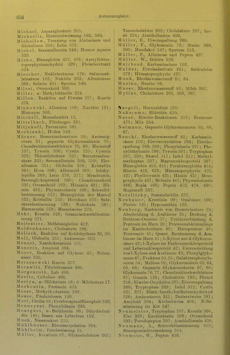 Michael, AsparaginsUiirc 285. Micbaclis, Blutenteiweissung 593, 594. Michailow, Trennung von Alubminen und Globulinen 348; Leim 372. :Micbel, Serumalbumiu 349; Humor aqueus 533. Micko, Hämoglobin 407, -108; AzetylhMnia- toporphyrinanhydrid 428; Fleischextrakt 524. Miescher, Nukleinsiiuren 176; Salmonuk- leinsäure 182; Nuklein 383; Albuminose 398; Salmiu 401; Sperma 549. Milesi, Ovomukoid 393. Miller, a-MethylchinoHn 234. Millen, Reaktion auf Ei weiss 257; Kasein 378. Minkowski, Allantoin 109; Xantbin 131; j Histozym 503. Mitchell, Menschenfett 13. Mittelbach, Fibrinogen 361. Mitjukoff, Paramuzin 391. Mochizuki, Hoden 549. Mörner, Brenztraubensiiure 20; Azetessig- säure 21; gepaarte Glykurousäuren 70; Chondroitinschwefelsüure 79, 80; Harostoff 107; Tyrosin 300; Cystin 320; Cystein 323; Thiomilchsäure 325; Brenztrauben- säure 333; Serumalbumin 349, 350; Eier- albumin 351; Globulin 356; Kristallin 363; Horn 366; Albumoid 368; Ichthy- lej)idiu 369; Leim 370, 371; Membranin, Serumglykoproteid 390; Chondromukoid 392; Ovomukoid 393; Hiimatin 421; Hii- min 423; Phyniatorhu.sin 466; Schwefel- bestimmung 513; Hämoglobin der Muskel 523; Kristallin 532; Hornhaut 533; Salz- säurebestiramung 538; Nubekula 567; Harnmuzin 578; Harneiweiss 579. Mohr, Kreatin 526; Gesamtschwefelbestim- mung 571. Moitessier. Methänioglobin 412. Moldenhauer, Cholesterin 188. Molisch. Eeaktion auf Kohlehydrate 32, 39. Moll, Globulin 355; Antinrease 503. Monari, Xanthokreatinin 101. Monerix, Amyloid 394. Moore, Reaktion auf Glykose 45; Neben- niere 533. Moraczewski Kasein 377. Morawitz, Fibrinferment 490. Morgenroth, Lab 490. Moritz, Cellulase 498. Moriya, a-Müchsiiure 16; d-Milchsäure 17. Morkourin, Protamin 403. Messe, MethyJhydantoin 109. Mo SSO, Fäulüisbasen 149. M o 11, Cholin 86 ; Cerebrospinalflüssigkeit 530. Mouneyrat, Phenylalanin 295. Mourgucs, n-Butylamin 86; Dihydroluti- din 148; Basen aus Lebertran 152. Muck, Nasensekret 555. MühlhUuser. Eiweisso.xydation 264. Mühlhcim, Entciweissung 51. Müller, Kreatinin 97; Glykocholsäure 201; Taurocholsiiure 203; Cholalsäure 207; luo- sit 224; Atmidalbumin 439. Müller, E., ICiweixspaltuiig 269. Müller, F., Glykosaniin 75; ]\[uzin 388, 390; Hundekot 547; Sputum 555. Müller, P., Albuinose und Pepton 437. ]\lüller, W., Gehirn 529. Muirhead, Karbaminsüure 102. M u 1 d e r, Eiweissderivate 261; Seidcnleini 373; HMmatoporphyrin 425. Münk, Rhodanwasserstoff 8.'i, 84. Marino, Neuriu 88. Musso, Rhodanwasserstoff 83; Milch 561. Mylius, Cholalsfiure 205, 206, 207. Naegeli, Harnazidität 570. N ak ay am a, Bilirubin 450. Nasse, Eiweiss-Reaktionen 257; Fenuenti- 473; Milz 554. Neimann, Gepaarte Glykuronsäuren G5, GG. 67. Nencki, Rhodanwasserstoff 83; Karbamiji- säure 102; Eiweissoxydation 264; Eiweiss- spaltung 268, 269 ; Phenylalanin 297 ; Phe- nyläthylamin 298; Tyrosin 301; Tryptophan 307, 309; Skatol 311; Indol 312; Methyl- merkaptan 327 ; Magennukleoproteid 387; Hämoglobin 408, 410; Parahämoglobin 414; Hämin 422, 423; Hämatoporphyrin 425, 427 ; Phyllocyanin 431; Hämiu 431; Meso- porphyrin 431; Melanin 463; Phymatorhusin 466; Sepia 466; Pepsin 473, 474. 480; Magensaft 537. Netolitzky, Samandaridin 237. Neubauer, Kreatinin 99; Oxalsäure 109; Purine 121; Hypoxanthin 123. Neuberg, Nachweis von Bernsteinsäure 24; Abscheiduug d. Arabinose 35; Drehung d. Dextrose-Osazons 37; Urcidovcrbindung d. Pentosen im Harn 39 ; Pcntosenabkömmlinge im Kaninchenharn 40; Hanipentose 46; Pentosurie 41; Quant. Bestimmung d. Ara- binose im Harn 41 ; 1-Xylose aus d-Glykuron- säure 42 ; 1-Xylose im Pankreasnukleoproteid und Leberuukleoproteid 42 ; ünterecheidung von 1-Xylose und Arabinose 43; Phenylglyko- sazon 47 ; Fruktose 50, 55 ; Galaktosephenylo- sazon 54; Maltose 59; Glykuronsäure 63, 64, C5. 66; Gepaarte Glykuronsäuren 67, 68; Glykosamin 76, 77 ; Chondroitinschwefelsüure 81; Guanin 128; Cholesterin 193; Phen<il 216 ; Eiweiss-Oxydation 265 ; Eiweissspaltung 269; Tryptophan 308; Indol 312; Cystin 321, 322; Diäthylmethylsulfiniumhydroxyd 326; Aminosäuren 341 ; Dottereiweiss 381 ; Amyloid 394; Krebseiweiss 404; N-Be- stimraung im Kot 547. Neunieister, Tryjjtophan 307; Keratin 366, Eier 368; Keratoelastin 369; Ovomukoid 393; Pseudopepton 393 ; Atmidalbumin 439. Neumann, A., Schwefelhestimmung 513; Säuregemischvcraschung 514. Neumann, W., Pepton 438.