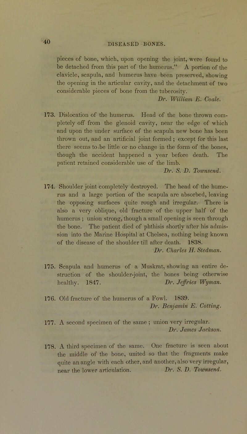 DISEASED BONES. pieces of bone, which, upon opening the joint, were found to be detached from this part of the humerus.” A portion of the clavicle, scapula, and humerus have been preserved, showing the opening in the articular cavity, and the detachment of two considerable pieces of bone from the tuberosity. Dr. William E. Coale. 173. Dislocation of the humerus. Head of the bone thrown com- pletely off from the glenoid cavity, near the edge of which and upon the under surface of the scapula new bone has been thrown out, and an artificial joint formed; except for this last there seems to-be little or no change in the form of the bones, though the accident happened a year before death. The patient retained considerable use of the limb. Dr. S. D. Townsend. 174. Shoulder joint completely destroyed. The head of the hume- rus and a large portion of the scapula are absorbed, leaving the opposing surfaces quite rough and irregular. There is also a very oblique, old fracture of the upper half of the humerus ; union strong, though a small opening is seen through the bone. The patient died of phthisis shortly after his admis- sion into the Marine Hospital at Chelsea, nothing being known of the disease of the shoulder till after death. 1838. Dr. Charles II. Stedman. 175. Scapula and humerus of a Muskrat, showing an entire de- struction of the shoulder-joint, the bones being otherwise healthy. 1847. Dr. Jeffries Wyman. 176. Old fracture of the humerus of a Fowl. 1839. Dr. Benjamin E. Cotting. 177. A second specimen of the same ; union vciy irregular. Dr. James Jackson. 178. A third specimen of the same. One fracture is seen about the middle of the bone, united so that the fragments make quite an angle with each other, and another, also very irregular, near the lower articulation. Dr. S. D. Townsend.