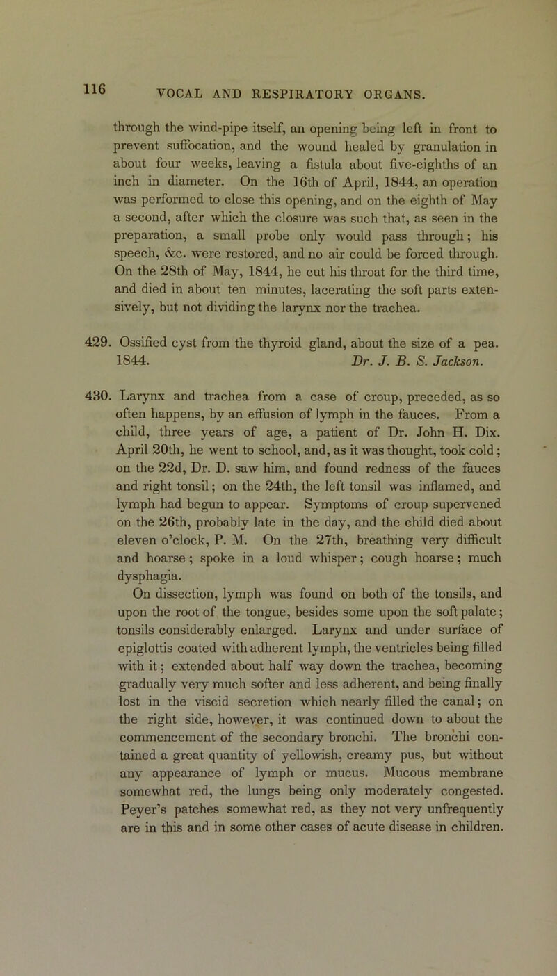 through the wind-pipe itself, an opening being left in front to prevent suffocation, and the wound healed by granulation in about four weeks, leaving a fistula about five-eighths of an inch in diameter. On the 16th of April, 1844, an operation was performed to close this opening, and on the eighth of May a second, after which the closure was such that, as seen in the preparation, a small probe only would pass through; his speech, &c. were restored, and no air could be forced through. On the 28th of May, 1844, he cut his throat for the third time, and died in about ten minutes, lacerating the soft parts exten- sively, but not dividing the larynx nor the trachea. 429. Ossified cyst from the thyroid gland, about the size of a pea. 1844. Dr. J. B. S. Jackson. 430. Larynx and trachea from a case of croup, preceded, as so often happens, by an effusion of lymph in the fauces. From a child, three years of age, a patient of Dr. John H. Dix. April 20th, he went to school, and, as it was thought, took cold; on the 22d, Dr. D. saw him, and found redness of the fauces and right tonsil; on the 24th, the left tonsil was inflamed, and lymph had begun to appear. Symptoms of croup supervened on the 26th, probably late in the day, and the child died about eleven o’clock, P. M. On the 27th, breathing very difficult and hoarse; spoke in a loud whisper; cough hoarse; much dysphagia. On dissection, lymph was found on both of the tonsils, and upon the root of the tongue, besides some upon the soft palate; tonsils considerably enlarged. Larynx and under surface of epiglottis coated with adherent lymph, the ventricles being filled with it; extended about half way down the trachea, becoming gradually very much softer and less adherent, and being finally lost in the viscid secretion which nearly filled the canal; on the right side, however, it was continued do mi to about the commencement of the secondary bronchi. The bronchi con- tained a great quantity of yellowish, creamy pus, but without any appearance of lymph or mucus. Mucous membrane somewhat red, the lungs being only moderately congested. Peyer’s patches somewhat red, as they not very unfrequently are in this and in some other cases of acute disease in children.