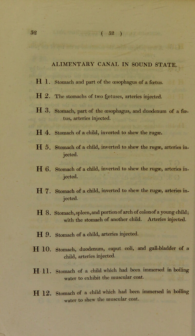 ( 52 ) H 1. H 2. H 3. H4. H 5. H 6. H7. H 8. H9. H 10. H 11. H 12. ALIMENTARY CANAL IN SOUND STATE. Stomach and part of the oesophagus of a foetus. The stomachs of two fetuses, arteries injected. Stomach, part of the oesophagus, and duodenum of a fe- tus, arteries injected. Stomach of a chUd, inverted to shew the rugae. Stomach of a child, inverted to shew the rugae, arteries in- jected. Stomach of a child, inverted to shew the rugae, arteries in- jected. Stomach of a child, inverted to shew the rugae, arteries in- jected. Stomach, spleen, and portion of arch of colon of a young child; with the stomach of another child. Arteries injected. Stomach of a child, arteries injected. Stomach, duodenum, caput coli, and gall-bladder of a child, arteries injected. Stomach of a child which had been immersed in boiling water to exhibit the muscular coat. Stomach of a child which had been immersed in boiling water to shew the muscular coat.