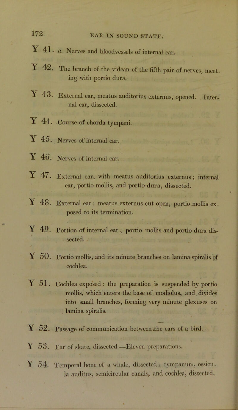 Y 41. Y 42. Y 43. Y 44. Y 45. Y 46. Y 47. EAR IN SOUND STATE. a. Nerves and bloodvessels of internal ear. The branch of the videan of the fifth pair of nerves, meet- ing with portio dura. External ear, meatus auditorius externus, opened. Inter- nal ear, dissected. Course of chorda tympani. Nerves of internal ear. Nerves of internal eai'. External ear, with meatus auditorius externus; internsd ear, portio mollis, and portio dura, dissected. Y 48. External ear: meatus externus cut open, portio mollis ex- posed to its termination. Y 49. Portion of internal ear ; portio mollis and portio dura dis- sected. . / Y 50. Portio mollis, and its minute branches on lamina spiralis of cochlea. Y 51. Cochlea exposed : the preparation is suspended by portio mollis, which enters the base of modiolus, and divides into small branches, forming very minute plexuses on lamina spiralis. Y 52. Passage of communication between .the ears of a bird. Y 53. Ear of skate, dis,sectcd.—Eleven preparations. Y 54. Temporal bone of a whale, dissected ; tympanuni, ossicu- la auditus, semicircular canals, and cochlea, dissected.