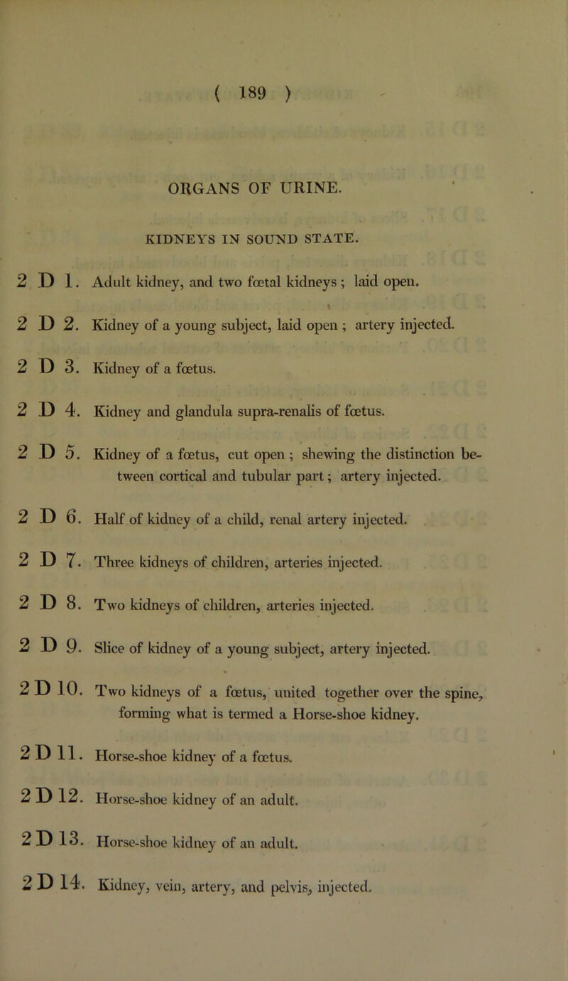 2 D 1. 2 D 2. 2 D 3. 2 D 4. 2 D 5. 2 D 6. 2 D 7. 2 D 8. 2 D 9. 2D 10. 2D11. 2D 12. 2D 13. 2D 14. ORGANS OF URINE. KIDNEYS IN SOUND STATE. Adult kidney, and two foetal kidneys; laid open. Kidney of a young subject, laid open ; artery injected. Kidney of a foetus. Kidney and glandula supra-renalis of foetus. Kidney of a foetus, cut open ; shewing the distinction be- tween cortical and tubular part; artery injected. Half of kidney of a child, renal artery injected. Three kidneys of children, arteries injected. Two kidneys of children, arteries injected. Slice of kidney of a young subject, artery injected. Two kidneys of a foetus, united together over the spine, formhig what is termed a Horse-shoe kidney. Horse-shoe kidney of a foetus. Horse-shoe kidney of an adult. Horse-shoe kidney of an adult. Kidney, vein, artery, and pelvis, injected.