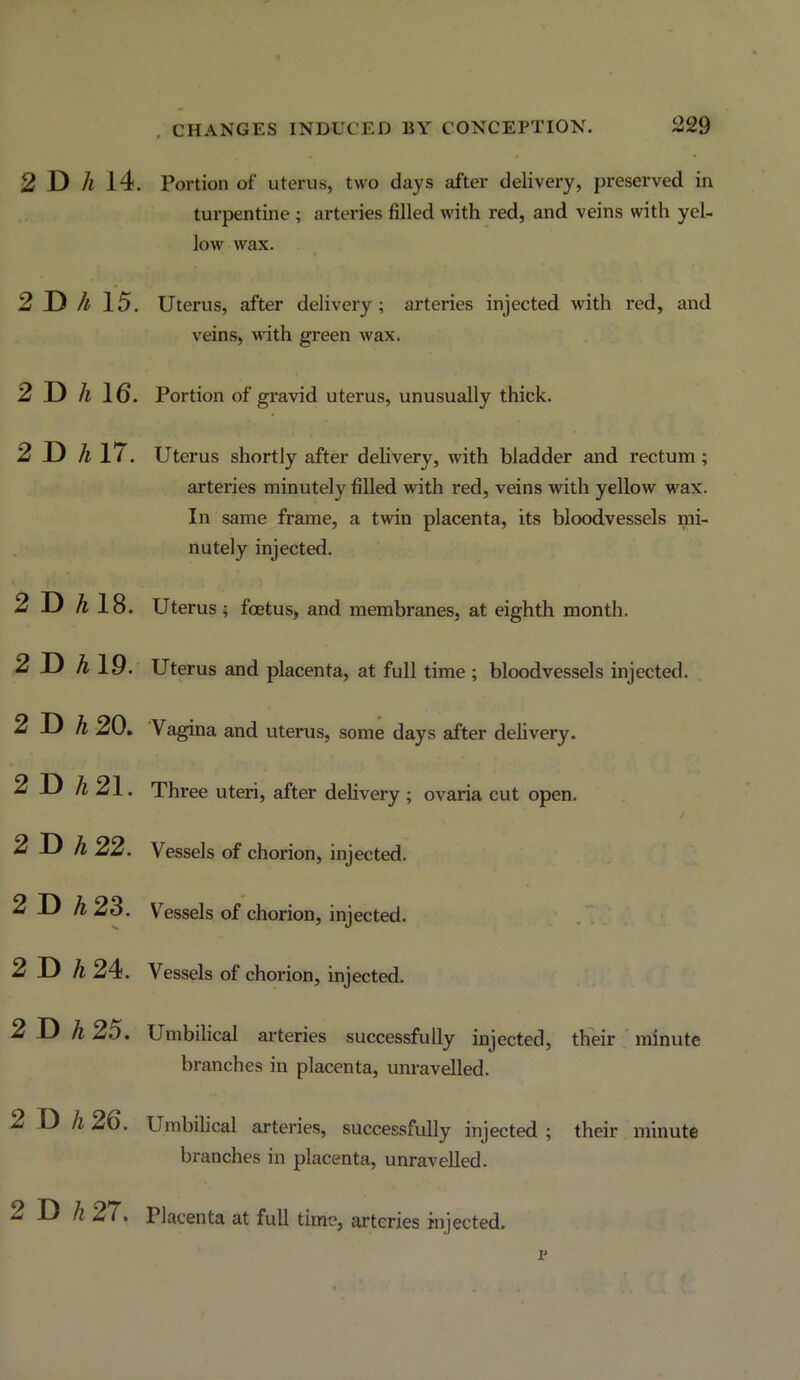 2 D A 14. Portion of uterus, two days after delivery, preserved in turpentine ; arteries filled with red, and veins with yel- low wax. 2 D h 15. Uterus, after delivery; arteries injected with red, and veins, with green wax. 2 D h 16. Portion of gravid uterus, unusually thick. 2 D h 17. Uterus shortly after delivery, with bladder and rectum ; arteries minutely filled with red, veins with yellow wax. In same frame, a twin placenta, its bloodvessels mi- nutely injected. 2 D A 18. Uterus; foetus, and membranes, at eighth month. 2 D A 19. Uterus and placenta, at full time ; bloodvessels injected. 2 D A 20. Vagina and uterus, some days after delivery. 2 Z) A 21. Three uteri, after delivery ; ovaria cut open. 2 D A 22. Vessels of chorion, injected. 2 D A 23. Vessels of chorion, injected. 2 D A 24. Vessels of chorion, injected. 2 D A 25. Umbilical arteries successfully injected, their minute branches in placenta, unravelled. 2 D A 26. Umbilical arteries, successfully injected ; their minute branches in placenta, unravelled. 2 D A 27. Placenta at full time, arteries injected. r