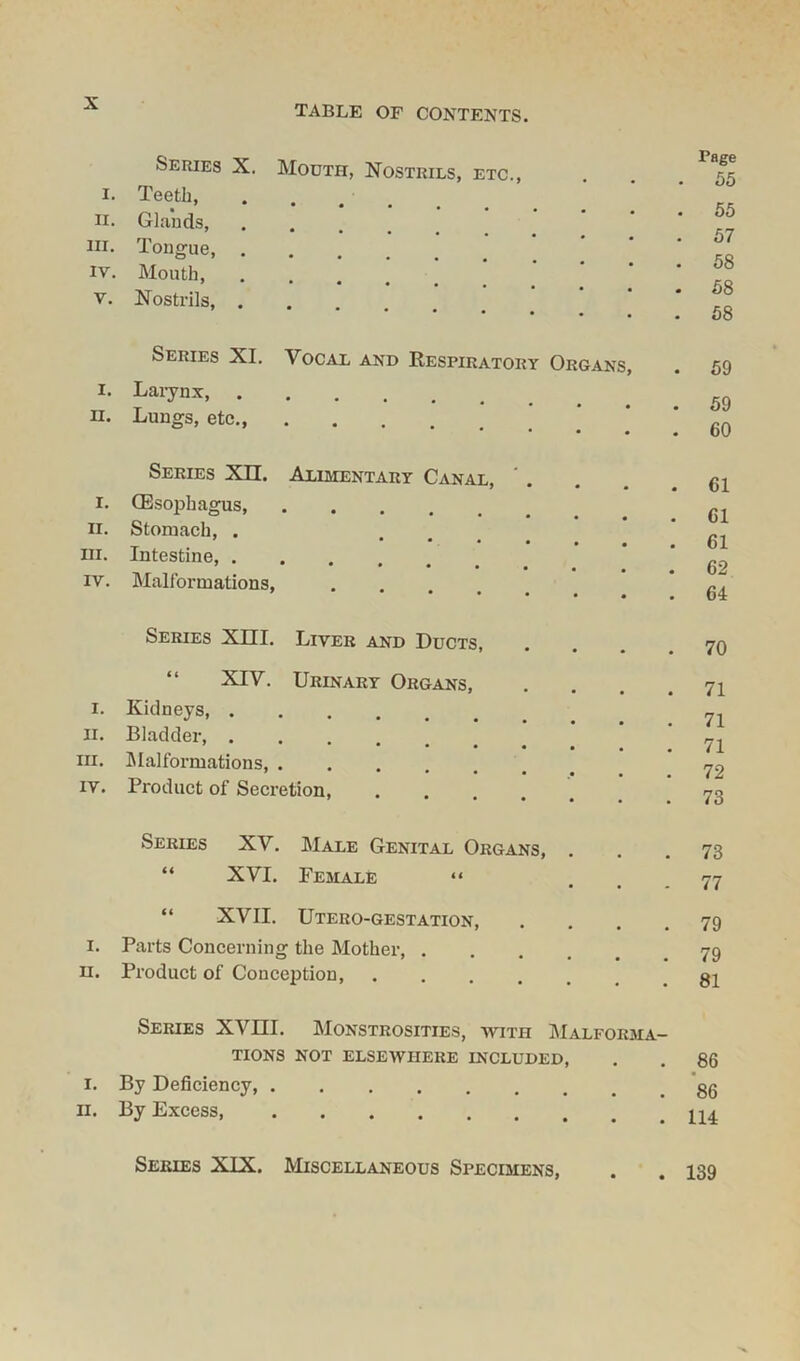 TABLE OF CONTENTS. Series X. Mouth, Nostrils, etc., i. Teeth, «... n. Glands, iii. Tongue, iv. Mouth, v. Nostrils, . 7 • • • • « Series XI. Vocal and Respiratory Organs, i. Larynx, ii. Lungs, etc. Series XII. Alimentary Canal, ' . I. GBsophagus, ii. Stomach, . ' • • • • in. Intestine, iv. Malformations, .... Series XIII. Liver and Ducts, “ XIV. Urinary Organs, i. Kidneys, Ii. Bladder, . iii. Malformations, iv. Product of Secretion, .... Series XV. Male Genital Organs, . “ XVI. Female “ XVII. Utero-gestation, i. Parts Concerning the Mother, .... H. Product of Conception, Series XVIII. Monstrosities, with Malforma- tions NOT ELSEWHERE INCLUDED, i. By Deficiency, ii. By Excess, Series XIX. Miscellaneous Specimens, Page . 55 55 57 58 58 58 59 59 60 61 61 61 62 64 70 71 71 71 72 73 73 77 79 79 81 86 86 114 139