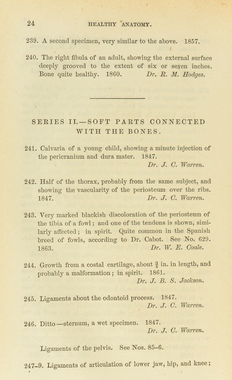 239. A second specimen, very similar to the above. 1857. i 240. The right fibula of an adult, showing the external surface deeply grooved to the extent of six or seven inches. Bone quite healthy. 1860. Dr. R. M. Hodges. SERIES II. —SOFT PARTS CONNECTED WITH THE BONES. 241. Calvaria of a young child, showing a minute injection of the pericranium and dura mater. 1847. Dr. J. C. Warren. 242. Half of the thorax, probably from the same subject, and showing the vascularity of the periosteum over the ribs. 1847. Dr. J. C. Warren. 243. Very marked blackish discoloration of the periosteum of the tibia of a fowl; and one of the tendons is shown, simi- larly affected; in spirit. Quite common in the Spanish breed of fowls, according to Dr. Cabot. See No. 629. 1863. Dr. W. E. Coale. 244. Growth from a costal cartilage, about § in. in length, and probably a malformation ; in spirit. 1861. Dr. J. B. S. Jackson. 245. Ligaments about the odontoid process. 1847. Dr. J. C. Warren. 246. Ditto—sternum, a wet specimen. 1847. Dr. J. C. Warren. Ligaments of the pelvis. See Nos. 85-6. 247-9. Ligaments of articulation of lower jaw, hip, and knee;