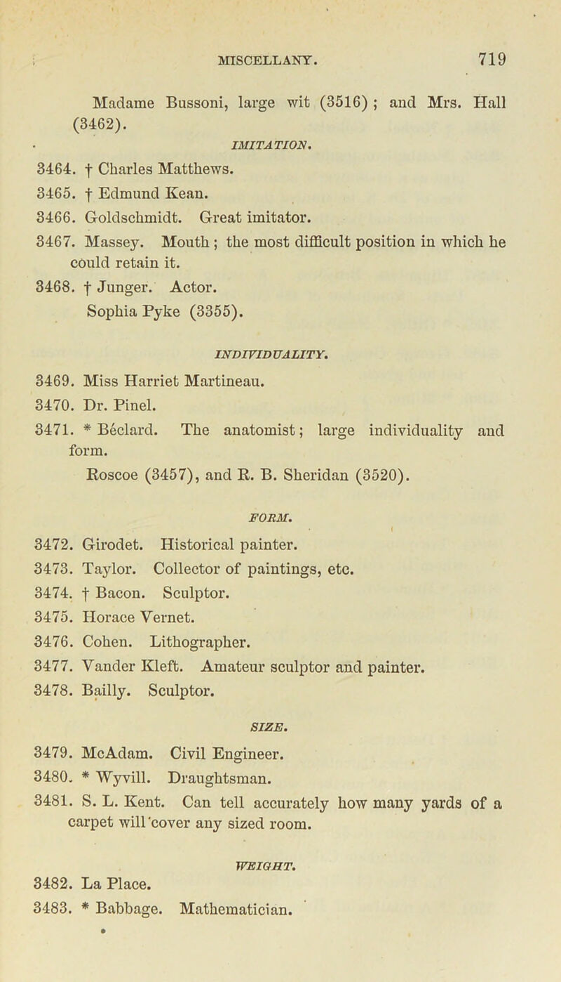 Madame Bussoni, large wit (3516) ; and Mrs. Hall (3462). IMITATION. 3464. f Charles Matthews. 3465. f Edmund Kean. 3466. Goldschmidt. Great imitator. 3467. Massey. Mouth ; the most difficult position in which he could retain it. 3468. f Junger. Actor. Sophia Pyke (3355). INDIVIDUALITY. 3469. Miss Harriet Martineau. 3470. Dr. Pinel. 3471. * Beclard. The anatomist; large individuality and form. Roscoe (3457), and R. B. Sheridan (3520). FORM. 3472. Girodet. Historical painter. 3473. Taylor. Collector of paintings, etc. 3474. f Bacon. Sculptor. 3475. Horace Vernet. 3476. Cohen. Lithographer. 3477. Vander Kleft. Amateur sculptor and painter. 3478. Bailly. Sculptor. SIZE. 3479. Me Adam. Civil Engineer. 3480. * Wyvill. Draughtsman. 3481. S. L. Kent. Can tell accurately how many yards of a carpet will'cover any sized room. WEIQH.T. 3482. La Place. 3483. * Babbage. Mathematician.