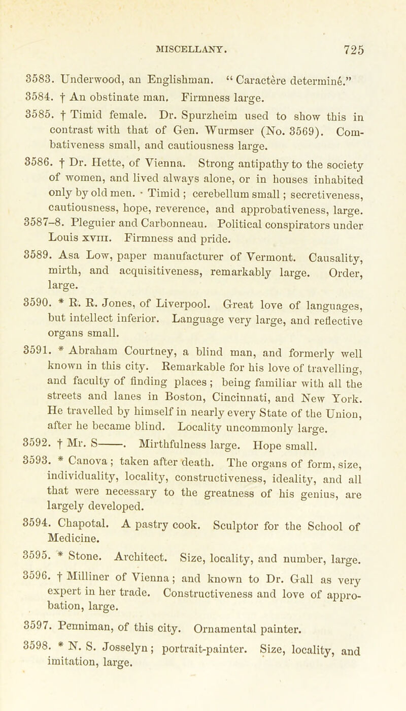 3583. Underwood, an Englishman. “ Caractere determine.” 3584. t An obstinate man. Firmness large. 3585. | Timid female. Dr. Spurzheim used to show this in contrast with that of Gen. Wurmser (No. 3569). Com- bativeness small, and cautiousness large. 3586. f Dr. Hette, of Vienna. Strong antipathy to the society of women, and lived always alone, or in houses inhabited only by old men. • Timid ; cerebellum small; secretiveness, cautiousness, hope, reverence, and approbativeness, large. 3587-8. Pleguier and Carbonneau. Political conspirators under Louis xviii. Firmness and pride. 3589. Asa Low, paper manufacturer of Vermont. Causality, mirth, and acquisitiveness, remarkably large. Order, large. 3590. * R. R. Jones, of Liverpool. Great love of languages, but intellect inferior. Language very large, and reflective organs small. 3591. * Abraham Courtney, a blind man, and formerly well known in this city. Remarkable for his love of travelling, and faculty of finding places ; being familiar with all the streets and lanes in Boston, Cincinnati, and New York. He travelled by himself in nearly every State of the Union, after he became blind. Locality uncommonly large. 3592. •)■ Mr. S . Mirthfulness large. Hope small. 3593. * Canova ; taken after death. The organs of form, size, individuality, locality, constructiveness, ideality, and all that were necessary to the greatness of his genius, are largely developed. 3594. Chapotal. A pastry cook. Sculptor for the School of Medicine. 3595. * Stone. Architect. Size, locality, and number, large. 3596. -j- Milliner of Vienna; and known to Dr. Gall as very expert in her trade. Constructiveness and love of appro- bation, large. 3597. Penniman, of this city. Ornamental painter. 3598. * N. S. Josselyn; portrait-painter. Size, locality, and imitation, large.