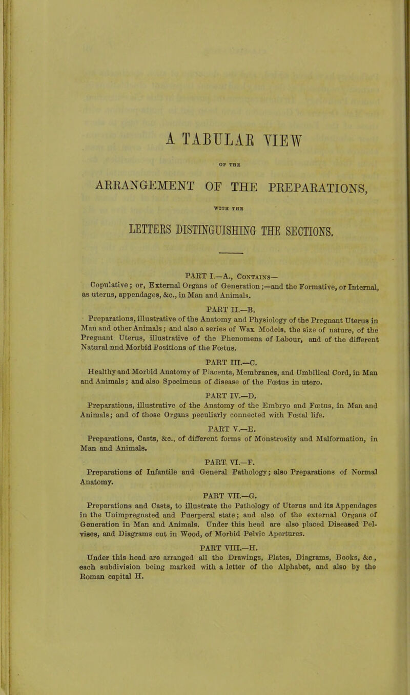 A TABULAE YIEW or TDK ARRANGEMENT OF THE PREPARATIONS, WITH THB LETTERS DISTmGUISHMG THE SECnOKS. PART I.—A., Contains— Copulative; or, ExtemtQ Organs of Generation;—and the Formative, or Internal, as uterus, appendages, &o., in Man and Animals. PART n.—B. Preparations, illustrative of the Anatomy and Physiology of the Pregnant Uterus in Man aud other Animals; and also a series of Wax Models, the size of nature, of the Pregnant Uterus, illustrative of the Phenomena of Lahour, and of the different Natural nnd Morbid Positions of the Foetus. PART m.—C. Healthy and Morbid Anatomy of Placenta, Membranes, and Umbilical Cord, in Man and Animals; and also Specimens of disease of the Foetus in utaro, PART IV.—D. Preparations, illustrative of the Anatomy of the Embryo and Foetus, in Man and Animals; and of those Organs peculiarly connected with Foetal life. PART v.—E. Preparations, Casts, &c., of different forms of Monstrosity and Malformation, in Man and Animals. PART VI.—F. Preparations of Infantile and General Pathology; also Preparations of Normal Anatomy. PART vn.—G, Preparations and Casts, to illustrate the Pathology of Uterus and its Appendages in the Unimpregnated and Puerperal state; and also of the external Orsjans of Generation in Man and Animals. Under this head are also placed Diseased Pel- vises, and Diagrams cut in Wood, of Morbid Pelvic Apertures. PART Vin.—H. Under this head are arranged all the Drawings, Plates, Diagrams, Books, &o, each subdivision being marked with a letter of the Alphabet, and also by the Roman capital H.