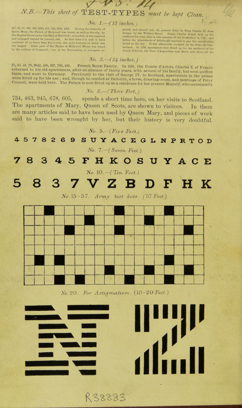 ■T/iis sheet 0/ TEST-TYPES must be kept Clean. Xo. l.—(12 inch'K.) i;i7. nil, CI80, 4S1I, HKll, 17a. ariKI, IWl. Durln, tlui iiili„irlly .if Ijilvau Mary, Ihu Pnliiu« of IluIyrMoil ww* burnt, lu wuU im tllo oily, liy llio Kii«ll«hforf..«liii,l,.rllio Elirlot H.i-ir,.r.l ; »<..ii, i.flor, It wi« lopiilml mi.l oMlargcil linyiiii.l lt» |iie.»iit .lis. At tliiil tlinis it i> xalil to liavo ctiiiaUto<l of no fnwor tliuii ftvw ciirlii, tlio luoHt wcMturly of wlilcli wait tlio largaal. Urant part <if tlio l^alaou of Uolyrooil Iloliita wiul litlriiL tty tho NoMian of droiiiwall ; hut, at tlio Ita<loi'Hlloii, It uiiMaKuin re- imlred. ami altcrcl l„l„ |u pre.eiil fori,. l,y Kin, CWI«i II. ho.,. d.^.l».» l.y HIr Willi.,,. U,u«.. lv|„„ Hiuart t«ok o,. 1,1. .r.lJouoo for »omo III,.. I., ihl. ,„a„.loi. of 1,1. fof.fath.r. In 1715 ; a,.,l l.llli.r tlir InhaUlanU of E.Unl.orgl. r.|i..lr..l to |,„y ||„ contrll.'ull<,n Icvl.il o,. 111. olty. It «,.. afurward. „rc.l|.l.,l l,y ll,r I)„|,, „f (•„„,. li«rlai,.l. Ill 1793. apartment. «... (l|u.,l op for tl,r rnl.lrnr. of II,. Oon,to ,1'Arlol., ll,o J A.i|(oul«in. anil Jt.rrl ,l,„r. ul l|„ No. 2.~(24 incJu'K.) 75, r.ii, li. 70. m-l. tan. aa?, 7O8. 420. French Hoya\ VmnWy. In 1881, the Comte d'Artois, Charles X or I'l-iiiipc returned to liis old ivimrtments, nftpr an absence of thirty years, with severiil of liis family but hooii riiiittcd' them, and went to aeruiaiiy. I'reviously to tho visit of Geor.i?e IV. to Scotland, aparliiieiits in tlie nnhice were fitted up for his use ; and, tlioiiKh lie resld.)d at Dalkcitli, a levee, drawiiiK-rooin, niid meetiiiKH of IVivv OounoU, weve held hero. The Palace is now fitted up as a residence for her pi esoiil Mii.iesty, who occasionally jVo. 3.—(Three. Feet.) 734, 463, 945, 678, 605, spends a short time here, on her visits to Scotland. The apartments of Mary, Queen of Scots, are shown to visitors. In them are many articles said to have been used by Queen Mary, and pieces of work said to have been wrouirht by her, but their history is very doubtful. No. 5.-(Five Feet,) 45782 6 9 SUYACEGLNPRTOD No. 7.—( Severe Feet.) 78 3 45 FHKOSUYACE No. 10—( Ten. Feet.) 5 8 3 7VZBDFHK iVo. 15-5 7. Arirvy test dots . (57 Feet.) No.20. For AstLCffiuitisrn (iO-20Je€fc.) Ill illiiill