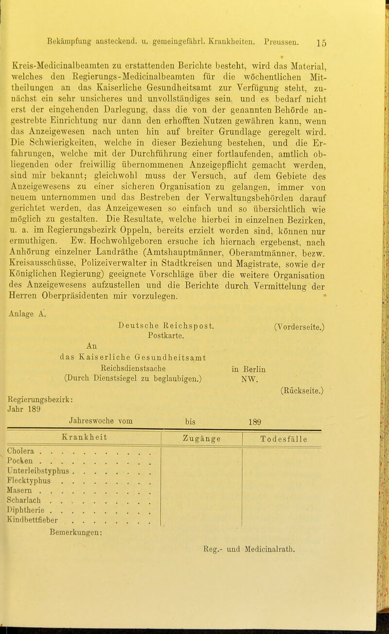 Kreis-Medicinalbeamten zu erstattenden Bericlite besteht, wird das Material, ■welches den Regierungs-Medicinalbeamteu für die wöchentlichen Mit- theiluugen an das Kaiserliche Gesundheitsamt zur Verfügung steht, zu- nächst ein sehr unsicheres und unvollständiges sein, und es bedarf nicht erst der eingehenden Darlegung, dass die von der genannten Behörde an- gestrebte Einrichtung nur dann den erhofften Nutzen gewähren kann, wenn das Anzeigewesen nach unten hin auf breiter Grundlage geregelt wird. Die Schwierigkeiten, welche in dieser Beziehung bestehen, und die Er- fahrungen, welche mit der Durchführung einer fortlaufenden, amtlich ob- liegenden oder freiwillig übernommenen Anzeigepflicht gemacht werden, sind mir bekannt; gleichwohl muss der Versuch, auf dem Gebiete des Anzeigewesens zu einer sicheren Organisation zu gelangen, immer von neuem unternommen und das Bestreben der Verwaltungsbehörden darauf gerichtet werden, das Anzeigewesen so einfach und so übersichtlich wie möglich zu gestalten. Die Resultate, welche hierbei in einzelnen Bezirken, u. a. im Regierungsbezirk Oppeln, bereits erzielt worden sind, können nur ermuthigen. Ew. Hochwohlgeboren ersuche ich hiernach ergebenst, nach Anhörung einzelner Landräthe (Amtshauptmänner, Oberamtmänner, bezw. Kreisausschüsse, Polizeiverwalter in Stadtkreisen und Magistrate, sowie der Königlichen Regierung) geeignete Vorschläge über die weitere Organisation des Anzeigewesens aufzustellen und die Berichte durch Vermittelung der Herren Oberpräsidenten mir vorzulegen. Anlage A. Deutsche Reichspost. Postkarte. (Vorderseite.) An das Kaiserliche Gesundheitsamt Reichsdienstsach e (Durch Dienstsiegel zu beglaubigen.) Regierungsbezirk: Jahr 189 Jahreswoche vom bis in Berlin NW. 189 (Rückseite.) Krankheit Zugänge Todesfälle Unterleibstyphus Flecktyphus Scharlach Diphtherie Kindbettfieber Bemerkungen: Reg.- und Medicinalrath.