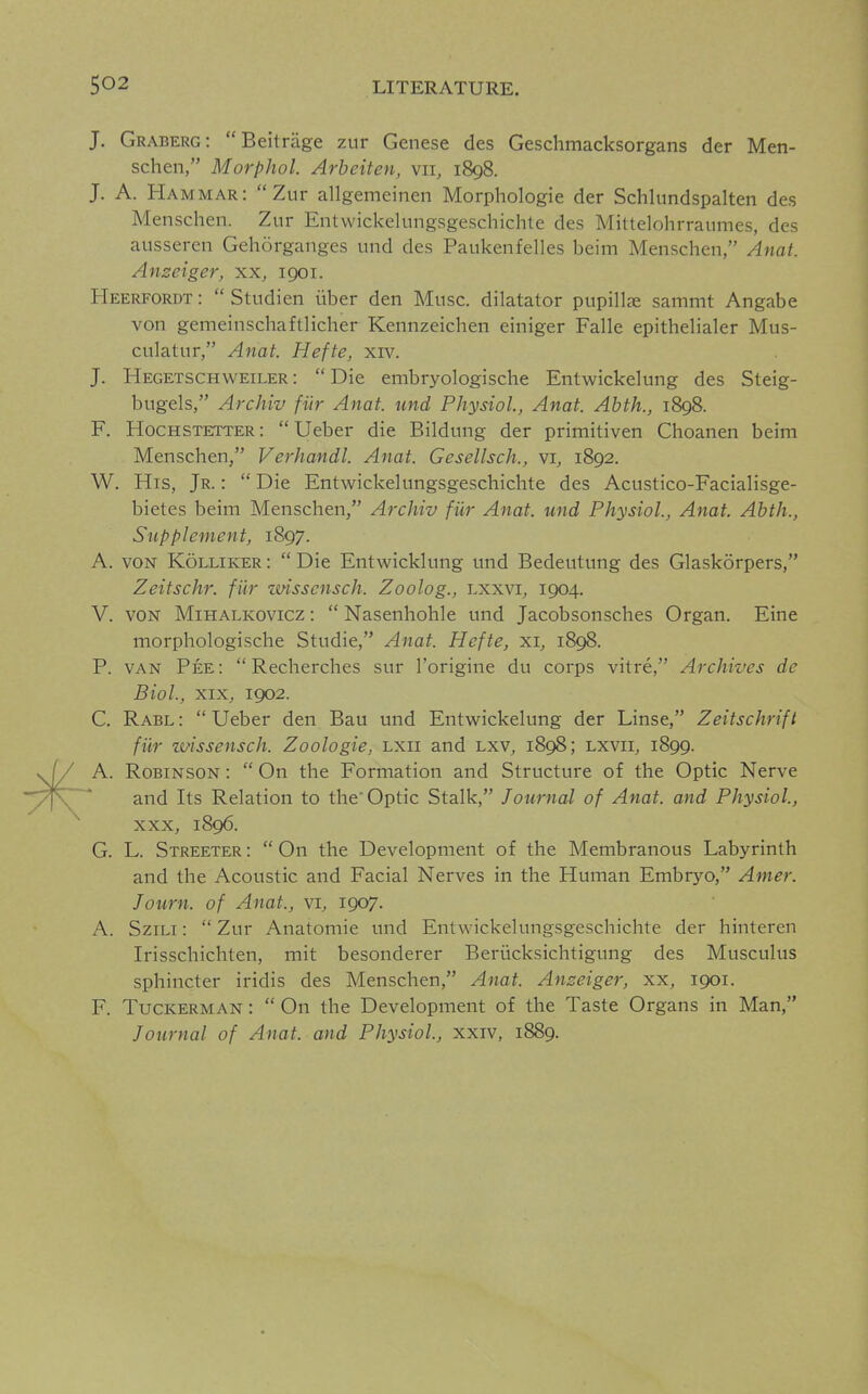 J. Graberg: Beitriige zur Genese des Geschmacksorgans der Men- schen, Morphol. Arbeiten, vu, 1898. J. A. Hammar: Zur allgemeinen Morphologic der Schlundspalten des Menschen. Zur Entvvickclungsgeschichte des Mittelohrraumes, des ausseren Gehorganges und des Paukenfelles beim Menschen, Anat. Anzeiger, xx, 1901. Heerfordt :  Studien itber den Muse, dilatator pupillse sammt Angabe von gemeinschaftlicher Kennzeichen einiger Falle epithelialer Mus- culatur, Anat. Hefte, xiv. J. Hegetschweiler: Die embryologische Entwickelung des Steig- bugels, Archiv fiir Anat. und Physiol, Anat. Abth., 1898. F. Hochstetter: Ueber die Bildung der primitiven Choanen beim Menschen, Verhandl. Anat. Gesellsch., vi, 1892. W. His, Jr. :  Die Entwickelungsgeschichte des Acustico-Facialisge- bietes beim Menschen, Archiv fiir Anat. und Physiol., Anat. Abth., Supplement, 1897. A. VON Kolliker :  Die Entwicklung und Bedeutung des Glaskorpers, Zeitschr. fiir tmsscnsch. Zoolog., Lxxvi, 1904. V. VOK MiHALKOvicz:  Nasenhohle und Jacobsonsches Organ. Eine morphologische Studie, Anat. Hefte, xi, 1898. P. VAN Pee: Recherches sur I'origine du corps vitre, Archives de Biol., XIX, 1902. C. Rabl :  Ueber den Bau und Entwickelung der Linse, Zeitschrift fiir wissensch. Zoologie, lxii and lxv, 1898; lxvii, 1899. A. Robinson :  On the Formation and Structure of the Optic Nerve and Its Relation to the' Optic Stalk, Journal of Anat. and Physiol., XXX, 1896. G. L. Streeter :  On the Development of the Membranous Labyrinth and the Acoustic and Facial Nerves in the Human Embryo, Amer. Jo urn. of Anat., vi, 1907. A. SziLi: Zur Anatomic und Entwickelungsgeschichte der hinteren Irisschichten, mit besonderer Beritcksichtigung des Musculus sphincter iridis des Menschen, Anat. Anzeiger, xx, 1901. F. Tuckerman :  On the Development of the Taste Organs in Man, Journal of Anat. and Physiol., xxiv, 1889.