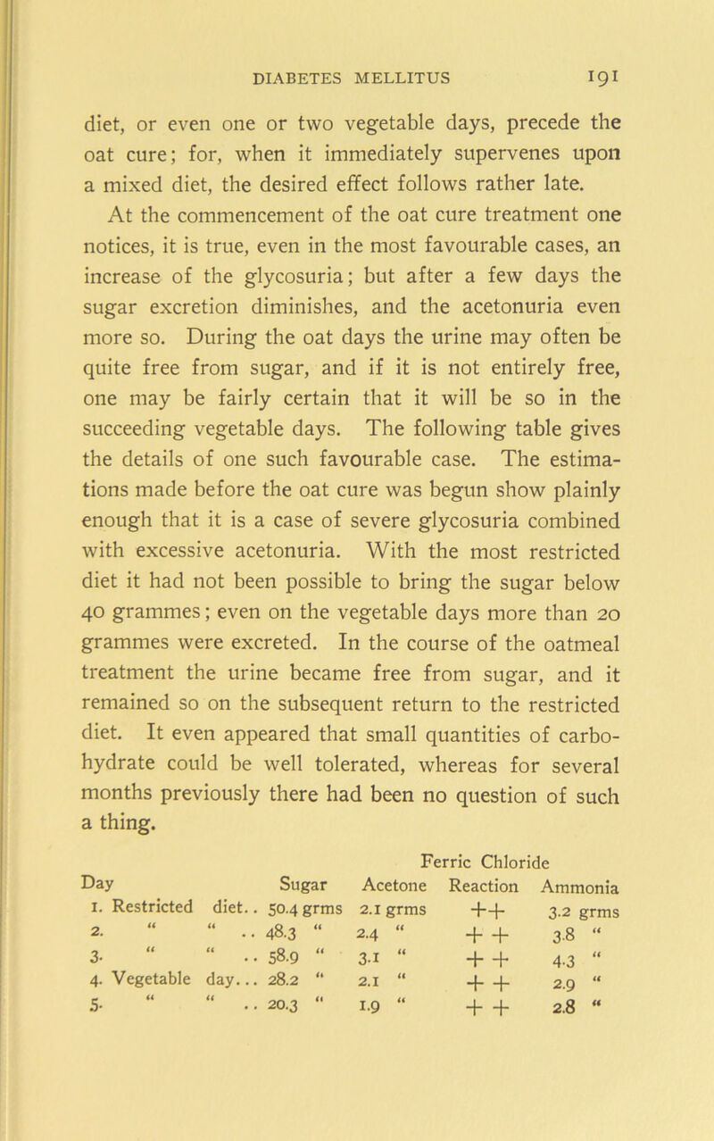 diet, or even one or two vegetable days, precede the oat cure; for, when it immediately supervenes upon a mixed diet, the desired effect follows rather late. At the commencement of the oat cure treatment one notices, it is true, even in the most favourable cases, an increase of the glycosuria; but after a few days the sugar excretion diminishes, and the acetonuria even more so. During the oat days the urine may often be quite free from sugar, and if it is not entirely free, one may be fairly certain that it will be so in the succeeding vegetable days. The following table gives the details of one such favourable case. The estima- tions made before the oat cure was begun show plainly enough that it is a case of severe glycosuria combined with excessive acetonuria. With the most restricted diet it had not been possible to bring the sugar below 40 grammes; even on the vegetable days more than 20 grammes were excreted. In the course of the oatmeal treatment the urine became free from sugar, and it remained so on the subsequent return to the restricted diet. It even appeared that small quantities of carbo- hydrate could be well tolerated, whereas for several months previously there had been no question of such a thing. Day Sugar 1. Restricted diet.. 50.4 grn 2. “ “ .. 48.3 “ 3- “ “ 58.9  4. Vegetable day... 28.2 “ Ferric Chloride Acetone Reaction Ammonia 2.1 grms ++ 3-2 grms 2.4 “ d—b 3-8 “ 3-1 “ + + 4.3 “ 2.1 “ + 2.9 “ 1.9 “ + + 2.8 “ <1