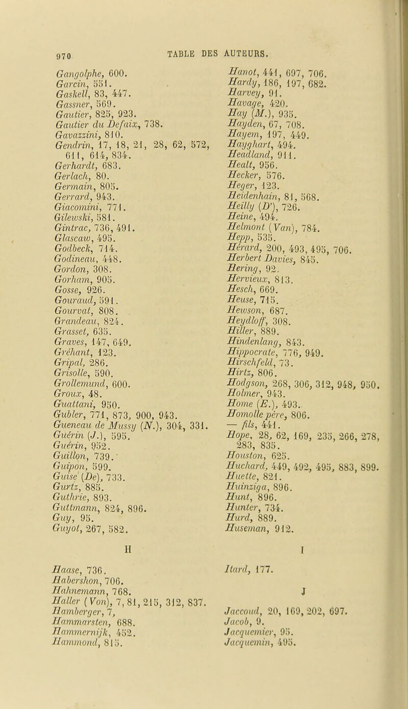 Gangolphe, 600. Garcin, 551. Gaskell, 83, 447. Gassner, 569. Gautier, 825, 923. Gautier du Le faix, 738. Gavazzini, 810. Gendrin, 17, i8, 21, 28, 62, 572, 611, 614, 834. Gerhardt, 683. Gerlach, 80. Germain, 805. Gerrard, 943. Giacomini, 771. Gilewski, 581. Gintrac, 736, 491. Glascaw, 495. Godbeck, 714. Godineau, 448. Gordon, 308. Gorham, 905. Gosse, 926. Gouraud, 591. Gourvat, 808. . Grandeau, 824. Grasset, 635. Graves, 147, 649. Gréhant, 123. Gn>«/, 286. Grisolle, 590. Grollemund, 600. Groux, 48. Guattani, 950. (?uôfer, 771, 873, 900, 943. Gueneau de Mussy (N.), 304, 331. Guêrin (</.), 595. Gucrin, 952. Guillon, 739. Guipon, 599. GmîV (De), 733. Gitrfe, 885. Guthrie, 893. Gutimann, 824, 896. G«y, 95. Guyo<, 267, 582. H Raase, 736. Eabershon, 706. Hahnemann, 768. Z7a//er ( Kora), 7, 81, 215, 312, 837. Ilambergcr, 7, Hammarslen, 688. Hammcrnijk, 452. Hammond, 815. #a»o<, 441, 697, 706. -Hardy, 186, 197, 682. Harvey, 91. Havage, 420. If «y (il/.), 935. Hayden, 67, 708. Hayem, 197, 449. Hayghart, 494. Headland, 911. 2?ea«, 956. Hecker, 576. Heger, 123. Eeidenhain, 81, 568. .Hez'% (£'), 726. Heine, 494. Helmont (Van), 784. ■Hé/»/?, 535. Serard, 200, 493, 495, 706. Herbert Lavies, 845. Hering, 92. Hervieux, 813. Tfese/i, 669. Heuse, 715. Hewson, 687. Heydlojf, 308. IftWer, 889. Hindenlang, 843. Hippocrate, 776, 949. Hirschfeld, 73. jETzWs, 806. Hoclgson, 268, 306, 312, 948, 950. Holmer, 943. #o??ie (£.), 493.. Homolle père, 806. — /ï&, 441. Do/je, 28, 62, 169, 235, 266, 278, 283, 835. Houston, 625. Huchard, 449, 492, 495, 883, 899. Hue lie, 821. Huinziga, 896. .ff?<n<, 896. Hunier, 734. Hurd, 889. Huseman, 912. I /fard, 177. J Jaccoud, 20, 169, 202, 697. Jacob, 9. Jacqucmicr, 95. Jacquemin, 495.