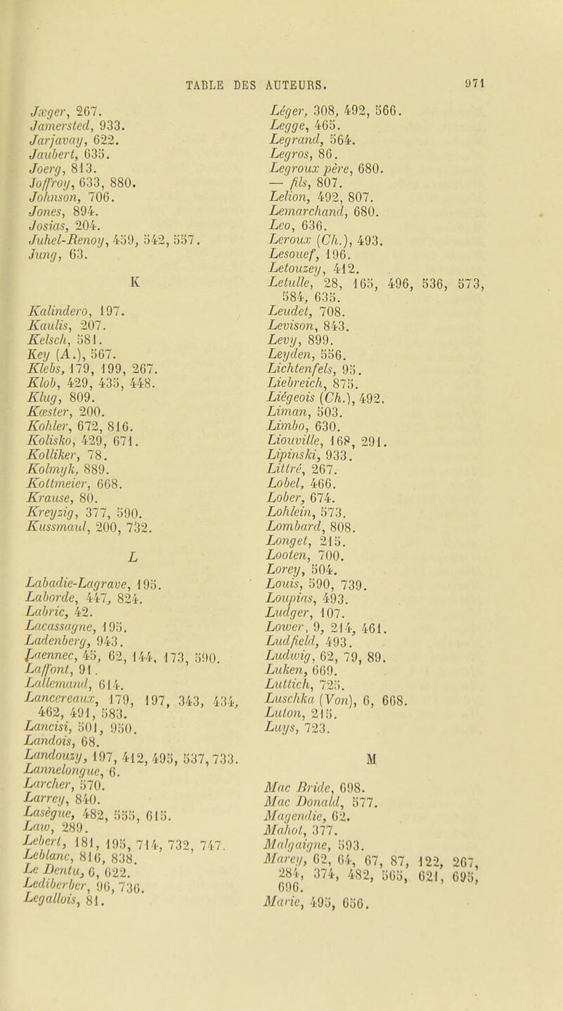 Jœger, 267. Jamerslcd, 933. Jarjavay, 622. Jaubert, 635. Joerg, 813. Jo/froy, 633, 880. Johnson, 706. Jones, 894. Josias, 204. Juhel-Renoy, 459, 542, 557. Jî/n<7, 63. K Kalindero, 197. Kaulis, 207. Kelscli, 581. Kei/ (A.), 567. iï7e6s, 179, 199, 267. 429, 435, 448. 809. Kœster, 200. ifoWe/', 672, 816. Kolisko, 429, 671. Kolliker, 78. Kolmyli, 889. Kollmeier, 668. Iùause, 80. Kreyzig, 377, 590. Kussmaul, 200, 732. Z, Labadie-Lagrave, 195. Laborde, 447, 824. Labric, 42. Lacassagne, 195. Ladenberg, 943. Laennec, 45, 62, 144, 173, 51)1). La/font, 91. Lallemand, 614. Lanceremu:, |7!), 197, 343, 434, 462, 491, 583. Lancisi, 501, 950. Landais, 68. £«<foMz»/, 107, 412, 495, 537, 733. Lannelonguc, 6. Larcher, 570. Larrcy, 840. Lasègue, 482, 555, 615. iato, 289. ieôer*, 181, 195, 714, 732, 747. Leblanc, 816, 838. Le Z)e?i<t<, 6, 622. Lcdibcrber, 96, 736. Legatlois, 81. £fyer, 308, 492, 566. Lcgge, 465. Legrand, 564. Legros, 86. Legroux père, 680. — /ï&, 807. Letton, 492, 807. Lemarchand, 680. Léo, 636. Lerozu' (C7t.), 493. Lesouef, 196. Letouzey, 412. Le^tte, 28, 165, 496, 536, 573, 584, 635. Leudet, 708. Levison, 843. Lewy, 899. Leyden, 556. Lichtenfels, 95. Liebreich, 875. Liégeois (Ch.), 492. Limon, 503. Limbo, 630. Liouville, 168, 291. Lipinski, 933. LiMré, 267. Loôe/, 466. Looer, 674. Lohlein, 573. Lombard, 808. Longet, 215. Looten, 700. Lorey, 504. Loitts, 590, 739. Loupias, 493. Ludger, 107. Lotuer, 9, 214, 461. Ludfield, 493. Ludwig, 62, 79, 89. Luken, 669. Luttich, 72.;. Luschka (Von), 6, 668. Lulon, 215. Luys, 723. M i)/«c 7?n'tfe, 698. il/ac Donald, 577. Maqendic, 62. il/a/io/, 377. Malgaigne, 593. il/am/,' 62, 64, 67, 87, 122, 267, 284, 374, 482, 565, 621, 695, Marte, 495, 656.