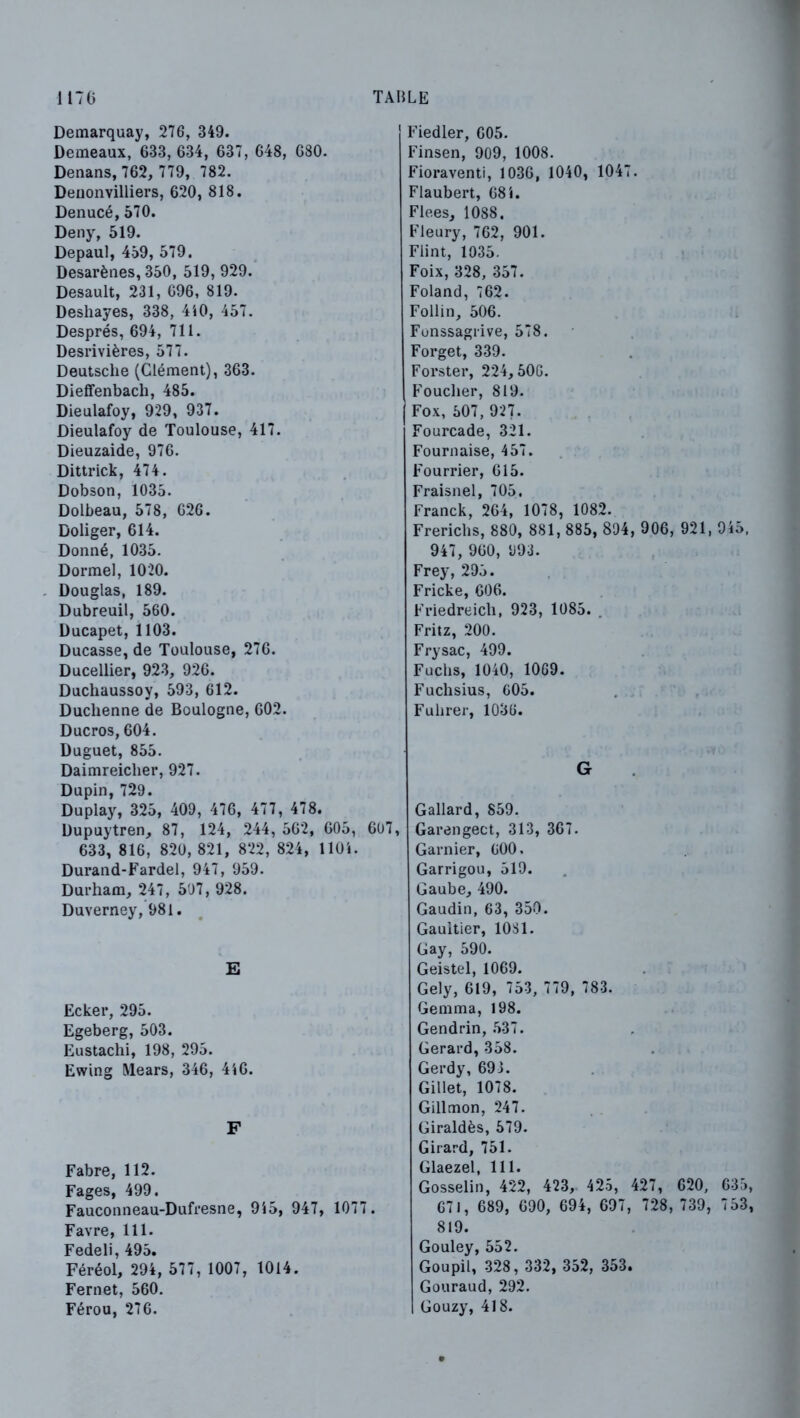 117C Demarquay, 276, 349. Demeaux, 633, 634, 637, 648, 680. Denans, 762, 779, 782. Deuonvilliers, 620, 818. Denucé, 570. Deny, 519. Depaul, 459, 579. Desarènes, 350, 519, 929. Desault, 231, 696, 819. Deshayes, 338, 4i0, 457. Després, 694, 711. Desrivières, 577. Deutsche (Clément), 363. Dieffenbach, 485. Dieulafoy, 929, 937. Dieulafoy de Toulouse, 417. Dieuzaide, 976. Dittrick, 474. Dobson, 1035. Dolbeau, 578, 626. Doliger, 614. Donné, 1035, Dormel, 1020. Douglas, 189. Dubreuil, 560. Ducapet, 1103. Ducasse, de Toulouse, 276. Ducellier, 923, 926. Duchaussoy, 593, 612. Duchenne de Boulogne, 602. Ducros, 604. Duguet, 855. Daimreicher, 927. Dupin, 729. Duplay, 325, 409, 476, 477, 478. Dupuytren, 87, 124, 244, 562, 605, 607, 633, 816, 820, 821, 822, 824, llOi. Durand-Fardel, 947, 959. Durham, 247, 507, 928. Duverney, 981. E Ecker, 295. Egeberg, 503. Eustachi, 198, 295. Ewing Mears, 346, 4i0. F Fabre, 112. Fages, 499. Fauconneau-Dufresne, 9i5, 947, 1077. Favre, 111. Fedeli, 495. Féréol, 294, 577, 1007, 1014. Fernet, 560. Férou, 276. TABLE Fiedler, 605. Finsen, 909, 1008. Fioraventi, 1036, 1040, 1047. Flaubert, 681. Flees, 1088. Fleury, 762, 901. Flint, 1035. Foix, 328, 357. Foland, 762. Follin, 506. Fonssagrive, 578. Forget, 339. Forster, 224, 500. Foucher, 819. Fox, 507, 927. Fourcade, 321. Fournaise, 457. Fourrier, 615. Fraisnel, 705, Franck, 264, 1078, 1082. Frerichs, 880, 881, 885, 894, 906, 921, 945, 947, 960, 993. Frey, 295. Fricke, 606. Friedreich, 923, 1085. . Fritz, 200. Frysac, 499. Fuchs, 1040, 1069. Fuchsius, 605. Fuhrer, 1036. G Gallard, 859. Garengect, 313, 367. Garnier, 600. Garrigou, 519. Gaube, 490. Gaudin, 63, 350. Gaultier, lOSl. Gay, 590. Geistel, 1069. Gely, 619, 753, 779, 783. Gemma, 198. Gendrin, 537. Gérard, 358. Gerdy, 69J. Gillet, 1078. Gillmon, 247. Giraldès, 579. Girard, 751. Glaezel, 111. Gosselin, 422, 423, 425, 427, 620, 635, 671, 689, 690, 694, 697, 728, 739, 753, 819. Gouley, 552. Goupil, 328, 332, 3o2, 353, Gouraud, 292. Gouzy, 418.