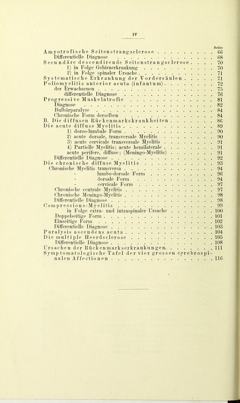 IV Seite Amyotrofische Seitenstrangsclerose 66 Differentielle Diagnose 68 Secundäre descendirende Seitenstrangsclerose. ... 70 1) in Folge Gehirnerkrankung 70 2) in Folge spinaler Ursache 71 Systematische Erkrankung der Vordersäulen 71 Poliomyelitis anterior acuta (infantum) 72 der Erwachsenen 75 differentielle Diagnose 76 Progressive Muskelatrofie 81 Diagnose 82 Bulbärparalyse 84 Chronische Form derselben ... 84 B. Die diffusen Rückenmarkskrankheiten 86 Die acute diffuse Myelitis 89 1) dorso-lumbale Form 90 2) acute dorsale, transversale Myelitis 90 3) acute cervieale transversale Myelitis 91 4) Partielle Myelitis; acute hemilaterale 91 acute perifere, diffuse; (Meningo-Myelitis) 91 Differentielle Diagnose 92 Die chronische diffuse Myelitis 93 Chronische Myelitis transversa 94 lumbo-dorsale Form 96 dorsale Form 94 cervieale Form 97 Chronische centrale Myelitis 97 Chronische Meningo-Myelitis 98 Differentielle Diagnose 98 Compressions-My elitis 99 in Folge extra- und intraspinaler Ursache 100 Doppelseitige Form ; 101 Einseitige Form 102 Differentielle Diagnose 103 Paralysis ascendens acuta 104 Die multiple Heerdsclerose 105 Differentielle Diagnose . . 108 Ursachen der Rückenmarkserkrankungen 111 Symptomatologisehe Tafel der vier grossen cerebrospi- nalen Affectio n en 116