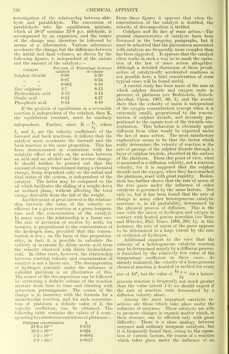 investigation of the relationship between alde- hj'de and paraldehyde. The conversion of paraldehyde into the equilibrium mixture, which at 50-5' contains 33-9 p.c. aldehyde, is accompanied by an expansion, and the course of the change may therefore be followed by means of a dilatometer. Various substances accelerate the change, but the difference between the initial and final volumes, as sho\m by the following figures, is independent of the nature and the amount of the catalyst:— nof„i,„,(- Per cent, of Percentage increase catalyst catalyst oi volume Sulphur dioxide 0-08 8-20 007 8-34 0002 8-19 Zinc sulphate 2-7 8-13 Hydrochloric acid 0-13 8-13 Oxalic acid 0-52 8-27 Phosphoric acid 0-54 8-10 If the position of equilibrium in a reversible reaction is independent of the catalyst, then K, the equilibrium constant, must be similarly independent. Further, since K = where A* 2 and are the velocity coefiScients of the forward and back reactions, it foUows that the catalyst must accelerate the forward and the back reaction in the same proportion. This has been demonstrated in connection with the catalytic cfifect of acids on the action between an acid and an alcohol and the reverse change. It should further be pointed out that the amount of energy transformed during a chemical change, being dependent only on the initial and final states of the system, is independent of the catalyst. The latter may be compared to the oil which facOitates the sliding of a weight do%\n an inclined plane, ■without affecting the total energy derivable from the fall of the weight. Another point of great interest is the relation- ship between the value of the velocity co- efficient for a given reaction at a given tempera- ture and the concentration of the catalyst. In many cases the relationship is a linear one. The rate of inversion of sucrose by acids, for instance, is proportional to the concentration of the hydrogen ions, provided that this concen- tration is low; on the basis of this proportion- ality, in fact, it is possible to calculate the velocity of inversion by dilute acetic acid from the velocity observed with dilute hydrochloric acid. In other cases, however, the relationship between reaction velocity and concentration of catalyst is not a linear one. The decomposition of hydrogen peroxide under the influence of colloidal platinum is an illustration of this. The course of the decomposition can be followed by extracting a definite volume of the reaction mixture from time to time and titrating with potassium permanganate. The course of the change is in harmony ■nith the formula for a unimolecular reaction, and for each concentra- tion of platinum a definite value of k, the velocity coefficient, can be obtained. The following table contains the values of k corre- sponding to various concentrations of platinum:— Platinum concentration k 21-0xl0-« 0-072 10-5 X 10- 0-024 5-2xl0-« 0-0084 2-6X10-0 0-0027 From these figures it apjjears that when tlie concentration of the catalyst is doubled, the velocity of decomposition is trebled. Catalysis and the law of mass action.—The general characteristics of catalysts have been discussed in the foregoing paragraphs, but it must be admitted that the phenomena associated with catalysis are frequently more complex than has been suggested. It appears that the catalyst often works in such a way as to mask the opera- tion of the law of mass action altogether. Although a detailed discussion of these peculi- arities of cataljrtically accelerated reactions is not possible here, a brief consideration of some typical cases wUl be found useful. A careful study has been made of the rate at which sulphur dioxide and oxygen unite in presence of platinum (see Bodenstein, Zeitsch. Ijhysikal. Cheni. 1907, 00, 1), and the results show that the velocity of union is independent of the oxygen concentration (except when it is extremely small), proportional to the concen- tration of sulphur dioxide, and inversely pro- portional to the square root of the trioxide con- centration. This behaviour is obviously quite different from \\'hat would be expected under the law of mass action. The most satisfactory explanation seems to be that the factor which really determines the velocity of reaction is the rate of passage of the sulphur dioxide through a layer of sulphur trioxide, absorbed at the surface of the platinum. From this point of view, what is measured is a diffusion velocity, not a reaction velocity, for it is supposed that the sulphur dioxide and the oxygen, when they have reached the platinum, react with great rapidity. Boden- stein has further shown that the rate of union of the two gases under the influence of other catalysts is governed by the same factors. Not only so, but it has been found that the rate of change in many other heterogeneous catalytic reactions is, in all probability, determined by the physical process of diffusion. This is the case with the union of hydrogen and oxygen in contact with heated porous porcelain (.see Bone and Wheeler, Phil. Trans. 190C, 20f3, 1); in this instance, the rate of union of the gases appears to be determined to a large extent by the rate of occlusion of hydrogen. Additional support to the view that the velocity of a heterogeneous catalytic reaction may be determined mainly by a diffusion process, is furnished by the relatively low value of the temperature coefficient in these cases. As already indicated, the velocity of a homogeneous chemical reaction is doubled or trebled for every rise of 10°, but the value of ^ for a hotero- ki geneous reaction is frequently not much greater than the value (about 1-3) we should expect if the rate of reaction were determined by a diffusion velocity alone. Among the most important catalytic re- actions arc those wliich take place under the influence of enzymes. 1'hesc catalysts are able to promote changes in organic matter which, in theii- absence, can be effected only with great difficulty. There is a close analogy between enzymes and ordinary inorganic catalysts, but it is frequently found that, owing to the opera- tion of various factors, the course of a reaction which takes place under the influence of an