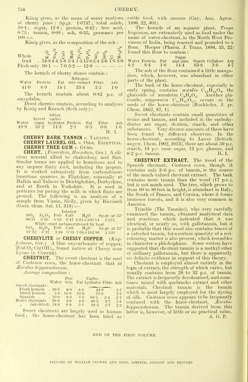 Konig gives, as the mean of many analyses of cherr3* juice: Sp.gr. 1-0737; total solids, 19-4; sugar, 12-8 ; protein, 0-42 ; free acid, 0-75; tannin, 0-09; ash, 0-55, grammes per 100 c.c. Konig gives, as the composition of the ash : o °« o o „ c o Whole M-lg^gpTgiGl fruit . 54-8 4-4 5-8 5-4 1-5 15-65-4 5-0 1-6 8-0 Flesh only 50-1 — 7-0 5-2 — 12-9 — ■ The kernels of cherry stones contain : Nitrogen- Water Protein Fat free extract Fibre Ash 410 6-9 14-1 33-4 3-5 1-0 The kernels contain about 0-82 jj.c. of amygdalin. Dried cherries contain, according to analyses by Kcinig and Krauch (flesh onl^y): Other Invert oarbo- Water sugar liydrates Protein Fat Fibre Ash 49-9 31-2 14-3 2-1 0-3 0-0 10 H. 1. CHERRY BARK TANNIN v. Tannins. CHERRY LAUREL OIL v. Oils, Essential. CHERRY TREE GUM r. Gums. CHERT. (Ftvcrntein, Hornstein, (Adv.) A sili- cious mineral allied to chalcedony and flint. Similar terms are applied to hornstone and to any impure flinty rock, including the jaspers. It is worked extensively from carboniferous limestone quarries in Flintshire, especially at Halkin and Talacre in Denbighshire, Derbyshire, and at Reeth in Yorkshire. It is used in potteries for paving the mills in which flints are ground. The following is an analysis of a sample from Vizzin, Sicily, given by Ricciardi (Gazz. chim. ital. 11, 319) :— Interior SiOj AIjOj FeO CaO HjO Sp.Br. at 22° 96-31 0-30 0-25 0-47 2-81 = 100 14 2-572 White crust metamorphosed by lieat SiOa AI2O3 FeO CaO HjO Sp.gr. at 22 97 02 0-32 3-39 0 55 1-68=102-96 2-520 CHESSYLITE or CHESSY COPPER. (Kup- ferlasur, Ger.) A blue oxycarbonate of copper, 20uC03-Cu(OH)„, found native at Chessy near Lj'ons {v. C'oppee). CHESTNUT. The sweet chestnut is the seed of Castanea vesca, the horse-chestnut that of ^■sculus hippocastanum. Average compo.sttion : Pro- Water tein Carbo- Fat hydrates Fibre Ash Sweet chestnuts Fresh kernels . Dried kernels . Spanish . Horse chestnuts ,, (air-dried) Sweet chestnuts are largely used as human food; the horse-chestnut has been tried as cattle food, with success (Gav, Ann. Agron. 1896, 22, 401). The kernels of an aquatic plant, Trapu bispinosa, are extensively used as food under the name of water-chestnut, in the North West Pro- vinces of India, being roasted and pounded to a flour. Hooper (Pharm. J. Trans. 1894, 53, 22) found this flour to contain : Sugar Water Protein Fat and gum Starch Cellulose Ash 4-2 8-4 1-0 14-4 63-8 3-6 4-7 The ash of the flour contained a little manga- nese, which, however, was abundant in other parts of the plant. The bark of the horse-chestnut, especially in early spring, contains mscvlin (Jj^Hj^Og, the glucoside of ajsculetin CjHgOj. Another glu- coside, argijrmscin ('jjH^jOii, occurs in the seeds of the horse-chestnut (Rochlcder, J. pr. Chem. 1862, 87, 1). Sweet chestnuts contain small quantities of resins and tannin, and included in the carbohy- tlrates are sugar, dextrin, starch, and other substances. Very diverse amounts of these have been found by dififercnt observers. In the horse-chestnut, according to Laves (Zeitsch. angew. Chem. 1902,1013), there are about 50 p.c. starch, 14 p.c. cane sugar, 13 p.c. glucose, and 0-2 p.c. tannin. H. I. CHESTNUT EXTRACT, The wood of the Spanish oliestuut, CusUiiim vesca, though it contains only 3-6 p.c. of tannin, is the source of the much-valued chestnut extract. The bark contains more tannin than the wood (17 p.c), but is not much used. The tree, which grows to from 60 to 80 feet in height, is abundant in Italy, the South of France, and Corsica, where it forms immense forests, and it is also very common in America. Trimble (The Tannins), who very carefully examined the tannin, obtained analytical data and reactions which indicated that it was identical, or nearly so, with gaUotannin, but it is probable that this wood also contains traces of a catechol tannin, for a certain quantity of a red- colouring matter is ahso present, which resembles in character a phlobophane. Some witers have suggested that chestnut tannin is a methyl other of ordinary gaUotannin, but there is apparently no definite evidence in support of this theory. Chestnut is employed almost entirely in the fojm of extract, the strength of which varies, but usually contains from 26 to 32 p.c. of tannin. The extract is frequently docolouri.sed, and some- times mixed with quebracho extract and other materials. Chestnut tannin is the tannin which is most largely employed for the dyeing of silk. Castanea vesca appears to be frequently confused with the horse-chestnut, Mscrilus hipjiocuslanum. The tannm derived from this latter is, however, of little or no practical value. A. G. P. END OF THE FIRST VOLUME. PRINTED BY WIBIXAM CLOWES AND SONS, LIMITED, I.ONUdN AND liKCCLES.