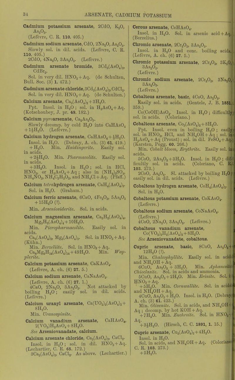 Cadmium potassium arsenate, 2CdO, K^O, ASgOg. (Lefevre, C. R. 110. 405.) Cadmium sodium arsenate, CdO, 2Na20, AsgOj. Slowly sol. in dil. acids. (Lefevre, C. R. 110. 405.) 2CdO, 4Na20, SAsgOg. (Lef&vre.) Cadmium arsenate bromide, 3Cd3(As04)2, CdBr2. Sol. in very dil. HNO3 + Aq. (de Scluilten, BiilL Soc. (3) 1. 472.) Cadmium arsenate cliIoride,3Cd3(As04)2,CdCl2. Sol. in very dil. HNOg + Aq. (de Schulten.) Calcium arsenate, Ca3(As04)2 + 3H20. Ppt. Insol. in H2O ; sol. in HgAsO^ + Aq. (Kotsclioubey, J. jjr. 49. 182.) Calcium ^yroarsenate, Ca2-'^S207. Slowly decomp. by cold H2O into CaHAs04 + liH20. (Lefevre.) Calcium hydrogen arsenate, CaHAs04 + ^HaO. Insol. in B.,,0. (Debray, A. cli. (3) 61. 419.) + H2O. Min. Raidingerite. Easily sol. in acids. + 2^1120. Min. PharviacoUte. Easily sol. in acids. + 3H2O. Insol. in HgO; sol. in HCl, HNO,, or H3As04 + Aq; also in (NH4)oS04, NH4NO3, NH4C2H3O2, and NH4CI + Aq. (Pfaff.) Calcium <c/?*ahydrogen arsenate, CaH4(As04)2. Sol. in HjO. (Graham.) Calcium ferric arsenate, 6CaO, 4Fe203, 5AS2O5 + 15H20(?). Min. Arseniosiderite. Sol. in acids. Calcium magnesium arsenate, Ca5H2(As04)4, Mg5H2(AsO4)4+10H2O. Min. PicropharmacoUte. Easily sol. in 8>cids Ca3(As04)2, Mg3(ASO4).,. Sol. in HNO3 + Aq. (Kiihn.) Min. Berzeliite. Sol. in HNO3 + Aq. Ca8MggHi4(As04)i4 + 49H20. Min. Wap- j)lerite. Calcium potassium arsenate, CaKAs04. (Lefevre, A. eh. (6) 27. 5.) Calcium sodium arsenate, CaNaAs04. (Lefevre, A. eh. (6) 27. 1.) 4CaO, 2Na20, 3As20b. Not attacked by boiling H„0; easily sol. in dil. acids. (Lefevre.) Calcium uranyl arsenate, Ca(U02).)(As04)o + 8H2O. Min. Uranospinite. Calcium vanadiimi arsenate, CaHAs04, 2(V02)H2As04 + 8H20. See Arseniovanadate, calcium. Calciiim arsenate chloride, Ca3(As04)2, CaClj. Insol. in H2O ; sol. in dil. HNOg + Aq. (Lcchartier, C. R. 65. 172.) 3Ca3(As04)2, CaCl2. As above. (Lechartier.) Cerous arsenate, CeHAs04. Insol. in HgO. Sol. in arsenic acid + A , (Berzelius.) Chromic arsenate, 2Cr203, SAsgOg. Insol. in HjO and cone, boiling acid (Lefevre, A. eh. (6) 27. 5.) Chromic potassium arsenate, 2Cr203, 3K'.,0, 3AS2O5. (Lefevre.) Chromic sodium arsenate, 2Cr203, 3Na20, 3AS2O6. (Lefevre.) Cobaltous arsenate, basic, 4CoO, AS2O6. Easily sol. in acids. (Gentele, J. B. 1851. 359.) Co(CoOH)As04. Insol. in HgO ; difficultly sol. in acids. (Coloriano.) Cobaltous arsenate, Co3(As04)2 + SHjO. Ppt. Insol. even in boiling H,0 ; easi soL in HNO3, HCl, and NHjOH + Aq ; sol. 1:. H3As04 + Aq (Proust) ; sol. in dil. FeS04 + Aij. (Karsten, Pogg. 60. 266.) Min. Cobalt bloom, Erytlvrite. Easily sol. in acids. 5CoO, 2AS2O6 + 3H2O. Insol. in HgO ; di ficultly sol. in acids. (Coloriano, C. 1 103. 273.) 2CoO, AsgOs. SI. attacked by boiling H3O ; easily sol. in dil. acids. (Lefevre.) Cobaltous hydrogen arsenate, CoH4(As04)2. Sol. in HoO. Cobaltous potassium arsenate, C0EASO4. (Lefevre.) Cobaltous sodium arsenate, CoNaAs04. (Lefevre.) 4CoO, 2Na20, SAsaOg. (Lefevre.) Cobaltous vanadium arsenate, Co( V02)oH2( As04)2 + SHoO. Sec Arseniovanadate, cobaltous. Cupric arsenate, basic, 8CuO, AsaOj-f I2H2O (?). Min. Chalcopliyllite, Easily sol. in acid and NH40H + Aq. 6CuO, AsoOg + 3H2O. Min. ApIianesUt Chioclasilc. Sol. in acids and ammonia. 5CuO, AsaOji + 2H2O. Min. Erinitc. SoL i: HN03 + Aq. + 5H2O. Min. Gornwallite. Sol. in acid- and NH40H + Aq. 4CuO, AS2O5+H2O. Insol. in H2O. (Debra\ A. ch. (3) 61. 423.) Min. Olivenitc. Sol. in acids, and NHjOH-i Aq ; decomp. by hot KOH + Aq. + 7H2O. Min. Euchroite. SoL in HNOs- Aq. + Z\B.^O. (Hirsch, C. C. 1891, 1. 15.) Cupric arsenate, Cu3(As04)2 + 4H20. Insol. in H2O. Sol. in acids, and NHjOH + Aq. (Colorian C. R. 103. 273.) + 5H2O.