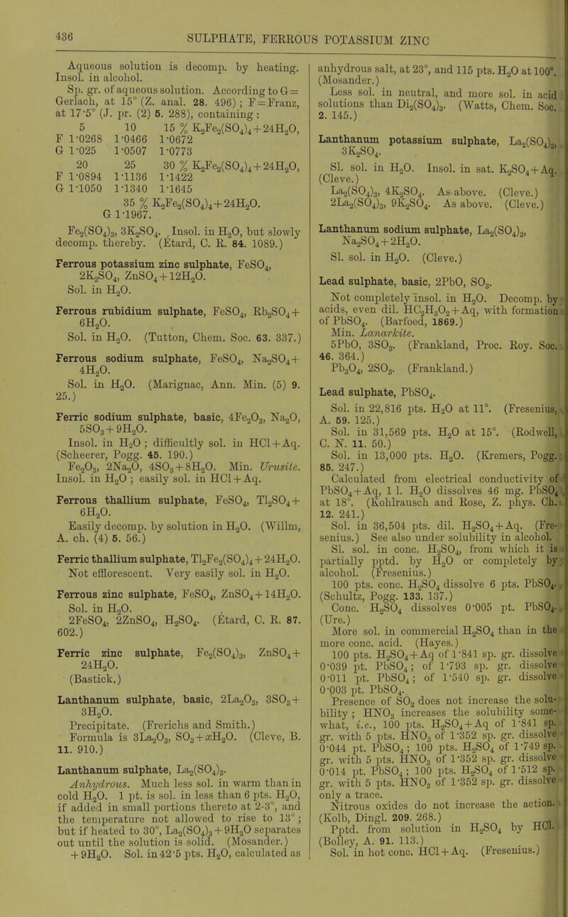 Aqueous solution is decomp. by heating. Insol. in alcoliol. Sp. gr. of aqueous solution. According to G = Gerlacli, at 15° (Z. anal. 28. 496) ; r=: Franz, at 17-5° (J. pr. (2) 6. 288), containing : 5 10 15 % lLjFe2(S04)4 + 24H20, F 1-0268 1-0466 1-0672 G 1-025 1-0507 1-0773 20 25 30 % K2Fe2(S04), + 24H20, F 1-0894 1-1136 1-1422 G 1-1050 1-1340 1-1645 35 % K2Fe2(S04)4 + 24H20. G 1-1967. ^62(804)3, 3K2SO4. , Insol. in HjO, but slowly decomp. thereby. (Etard, C. R. 84. 1089.) Ferrous potassium zinc sulphate, FeS04, 2K2SO4, ZnS04 + 12H20. Sol. in H2O. Ferrous rubidium sulphate, FeS04, Rb2S04 + 6H2O. Sol. in H2O. (Tutton, Chem. Soc. 63. 337.) Ferrous sodium sulphate, FeS04, Na2S04 4 4H2O. Sol. in H2O. (Marignac, Ann. Min. (5) 9. 25.) Ferric sodium sulphate, basic, 4Fe203, Na20, 5SO3 + 9H2O. Insol. in H2O ; difficultly sol. in HCl + Aq. (Scheerer, Pogg. 45. 190.) Fe203, 2Na20, 4SO3 + 8H2O. Min. Urusilc. Insol. in H2O ; easily sol. in HCl + Aq. Ferrous thallium sulphate, FeS04, TI2SO4 + 6H2O. Easily decomp. by solution in HjO. (Willm, A. ch. (4) 5. 56.) Ferric thallium sulphate, Tl2Fe2(S04)4 + 24H2O. Not efflorescent. Very easily sol. in H2O. Ferrous zinc sulphate, FeS04, ZnS04 + 14H20. Sol. in H2O. 2FeS04, 2ZnS04, H2SO4. (Etard, C. R. 87. 602.) Ferric zinc sulphate, Fe2(S04)3, ZnS04 + 24H2O. (Bastick.) Lanthanum sulphate, basic, 2La203, 3SO3 + 3H2O. Precipitate. (Frerichs and Smith.) Formula is SLajOg, SOg + ajHaO. (Cleve, B. 11. 910.) Lanthanum sulphate, La^(S04)3. Anhydrous. Much less sol. in warm than in cold HjO. 1 pt. is sol. in less than 6 pts. H2O, if added in small portions thereto at 2-3°, and the temperature not allowed to rise to 13°; but if heated to 30°, LagCSOJa + 9H2O separates out until the solution is solid. (Mosander.) + 9H2O. Sol. in 42 -5 pts. HjO, calculated as anhydrous salt, at 23°, and 115 pts. HgO at 100'. (Mosander.) Less sol. in neutral, and more sol. in acid solutions than Di2(S04)3. (Watts, Chem. Soc 2. 145.) Lanthanum potassium sulphate, La2(S04)j, 3K2SO4. SI. sol. in H2O. Insol. in sat. K2S04 + Aq, (Cleve.) * ^ WS04)3, 4K2SO4. As above. (Cleve.) 2La2(S04)3, 9K2SO4. As above. (Cleve.) Lanthanum sodium sulphate, La-,(SO.)„ Na2S04 + 2H20. ' SI. sol. in H2O. (Cleve.) Lead sulphate, basic, 2PbO, SO3. Not completely insol. in H2O. Decomp. by acids, even dil. HC2H3O2 + Aq, with formation ofPbS04. (Barfoed, 1869.) Min. Lanarkite. 5Pb0, 3SO3. (Frankland, Proc. Roy. Soc. 46. 364.) Pb304, 2SO3. (Frankland.) Lead sulphate, PbSOj. Sol. in 22,816 pts. HoO at 11°. (Fresenius, A. 59. 125.) Sol. in 31,569 pts. H2O at 15°. (Rodwell, C. N. 11. 50.) Sol. in 13,000 pts. HjO. (Kremers, Pogg. 85. 247.) Calculated from electrical conductivity of PbS04 + Aq, 1 1. H2O dissolves 46 mg. PbSOj at 18°. (Kohlrausch and Rose, Z. phys. Ch. 12. 241.) Sol. in 36,504 pts. dil. H2S04-l-Aq. (Fre- senius.) See also under solubiUty in alcohol. SI. sol. in cone. H2SO4, from which it is partially pptd. by H2O or completely by alcohol. (Fresenius.) 100 pts. cone. H2SO4 dissolve 6 pts. PbSOj. (Schultz, Pogg. 133. 137.) Cone. (Ure.) More sol. in commercial H2SO4 than in tb^ more cone. acid. (Hayes.) 100 pts. H2S04 + Aq of 1-841 sp. gr. dissolv 0-039 pt. PbSOj; of 1-793 sp. gr. dissolv 0-011 pt. PbSOi; of 1-540 sp. gr. disMilvo 0-003 pt. PbS04. Presence of SOj does not increase the solu- bility ; HNO3 increases the solubility some- what, i.e., 100 pts. H2S04-f Aq of 1-841 sp. gr. with 5 pts. HNO3 of 1-352 sp. gr. dissolve 0-044 pt. PbS04; 100 pts. H2SO4 of 1-749 sp. gr. with 5 pts. HNO3 of 1-352 sp. gr. dissolve 0-014 pt. PbSOi; 100 pts. H2SO4 of 1-512 sp. gr. with 5 pts. HNO3 of 1-352 sp. gr. dissolve only a ti-ace. Nitrous o.xides do not increase the action. (Kolb, Dingl. 209. 268.) Pptd. from solution in H2SO4 by HOJ. (Bolley, A. 91. 113.) Sol. in hot cone. HCl + Aq. (Fresemus.j H2SO4 dissolves 0-005 pt. PbSOj