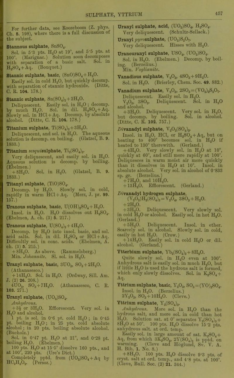 For further data, see Roozeboom (Z. phys. Ch. 6. 198), where there is a full discussion of the subject. Stannous sulphate, SnS04. Sol. in 5-3 iits. ll^O at 19°, and 5-5 pts. at 100°. (Marignac.) Solution soon decomposes with separation of a basic salt. Sol. in H2SO4 + A11. (Bouquet.) Stannic sulphate, basic, (SnO)S04 +HjO. Easily sol. in cold HjO, but quickly decomp. with sejjaration of stannic hydro.xide. (Ditte, C. R. 104. 178.) Stannic sulphate, Sn(S04)n + 2H.p. Deliquescent. Easily sol. in H.^O ; decomp. by much UoO. Sol. in dil. HoS04 + Aq. Slowly sol. in HCl + Aq. Decomj). by absolute alcohol. (Ditte, C. R. 104. 178.) Titanium sulphate, Ti(S04)., + 3H20. Deliquescent, and sol. in HjO. The aqueous solution is decomp. on boiling. (Glatzel, B. 9. 1833.) Titanium scs^'uisulphate, Ti2(S04)3. Very deliquescent, and easily sol. in HjO. Aqueous solution is decomp. by boiling. (Eoelmen.) + 8H2O. Sol. in H2O. (Glatzel, B. 9. 1833.) Titanyl sulphate, (TiO)S04. Decomp. by H-^O. Slowly sol. in cold, rapidly in warm HCl + Aq. (Merz, J. pr. 99. 157.) Uranous sulphate, basic, U(OH)2S04 +HjO. Insol. in H„0. H2O dissolves out H2SO4. (Ebelmen, A. ch. (3) 6. 217.) Uranous sulphate, U(S04)2 + 4H20. Decomp. by H2O into insol. basic, and sol. acid salts. Sol. in dil. H2SO4 or HCl + Aq. Difficultly sol. in cone, acids. (Ebelmen, A. ch. (3) 8. 215.) + 8H2O. As above. (Rammelsberg.) Min. Johaniiilc. SI. sol. in HjO. Uranyl sulphate, basic, 3UO3, SO3 + 2H2O. (Athanasesco.) + 14H,0. Sol. in H2O. (Ordway, Sill. Am. J. (2) 26. 208.) 4UO3, SO3 + 7H2O. (Athanasesco, C. R. 103. 271.) Uranyl sulphate, (U03)S04. Anhydrous. + 3^ or 3H2O. Efflorescent. Very sol. in HgO and alcohol. 1 pt. is sol. in 0-6 pt. cold HjO ; in 0*45 pt. boiling HoO; in 25 pts. cold absolute alcohol ; in 20 pts. boiling absolute alcohol. (Bucholz.) Sol. in 0-47 pt. HoO at 21°, and 0-28 pt. boiling HoO. (Ebelmen.) 100 pts. HjO at 15-5 dissolve 160 pts., and at 100°, 220 pts. (Ure's Diet.) Comjiletely pptd. from (U02)S04 + Aq by HC0H3O0. (Persoz.) 2 4 H J Uranyl sulphate, acid, (U02)S04, H2SO4. Very deliquescent. (Schultz-Sellack.) Uranyl ^j/rosulphate, (U0o)So07. Very deliquescent. Hisses with H2O. Uranouranyl sulphate, USO4, (U02)S04. Sol. in HoO. (Ebelmen.) Decomp. by boil- ing. (Berzelius.) Iklin. Vo(jlianitc. Vanadious sulphate, VjOj, 4SO3+9H2O. Sol. in H2O. (Brierley, Chem. Soc. 49. 882.) Vanadium sulphate, VjOj, 2S03 = (V02)2S207. Deliquescent. Easily sol. in H2O. V2O5, 3SO3. Deliquescent. Sol. in HjO and alcohol. + 3H2O. Deliquescent. Very sol. in HjO, but decomj). by boiling. Sol. in alcoliol. (Ditte, C. R. 102. 757.) ZHvanadyl sulphate, V202(S04)2. Insol. in HjO, HCl, or H2S04 + Aq, but on heating to 400° becomes sol. in HjO if heated to 130° therewith. (Gerland.) + 4H2O. Very slowly sol. in HgO at 10°, quickly at 60°, and still more rapidly at 100°. Deliquesces in wami moist air more quickly than it dissolves in HgO at 10°. Insol. in absolute alcohol. Very sol. in alcohol of 0*833 sp. gr. (Berzelius.) + 7H2O, and IOH2O. + I3H2O. Efflorescent. (Gerland.) X>iyanadyl hydrogen sulphate, (V202)H2(S04)3 = V2O4, 3SO3 + H2O. + 2H2O. + 3H2O. Deliquescent. Very slowly sol. in cold HjO or alcohol. Easily sol. in hot HoO. (Gerland.) + 5H2O. Deliuupscent. Insol. in ether. Scarcely sol. in alcohol. Slowly sol. in cold, easily in hot HjO. (Crow.) + I4H2O. Easily sol. in cold HjO or dil. alcohol. (Gerland.) Ytterbium sulphate, Yb2(S04)3 + 8IL,0. Quite slowly sol. in HjO even at 100°. Anhydrous salt is easily sol. in much H2O, but if little H2O is used the hydrous salt is formed, which only slowly dissolves. Sol. in K2SO4 + Aq. Yttrium sulphate, basic, Y2OS, SOs=(YO)2S04. Insol. in H2O. (Berzelius.) 2Y2O3, SO3 + IOH2O. (Cleve.) Yttrium sulphate, Y2(S04)3. Anhydrous. More sol. in HoO than the hydrous salt, and more sol. in cold than hot HoO. Solution sat. at 0° separates Y2(S04)3 + 8H.,0 at 50°. 100 pts. HgO dissolve 15*2 pts. anhydrous salt, at ord. temp. Easily sol. in large amount of sat. K2SO4 + Aq, from which 3K0SO4, 2Y(S04)3 is Pptd. on wanning. (Cleve and Hoglund, Sv. V. A. H. Bih. 1. No. 8.) + 8H0O. 100 pts. H2O dissolve 9-3 pts. of cryst. salt at ord. temp., and 4-8 pts. at 100°. (Cleve, Bull. Soc. (2) 21. 344.)