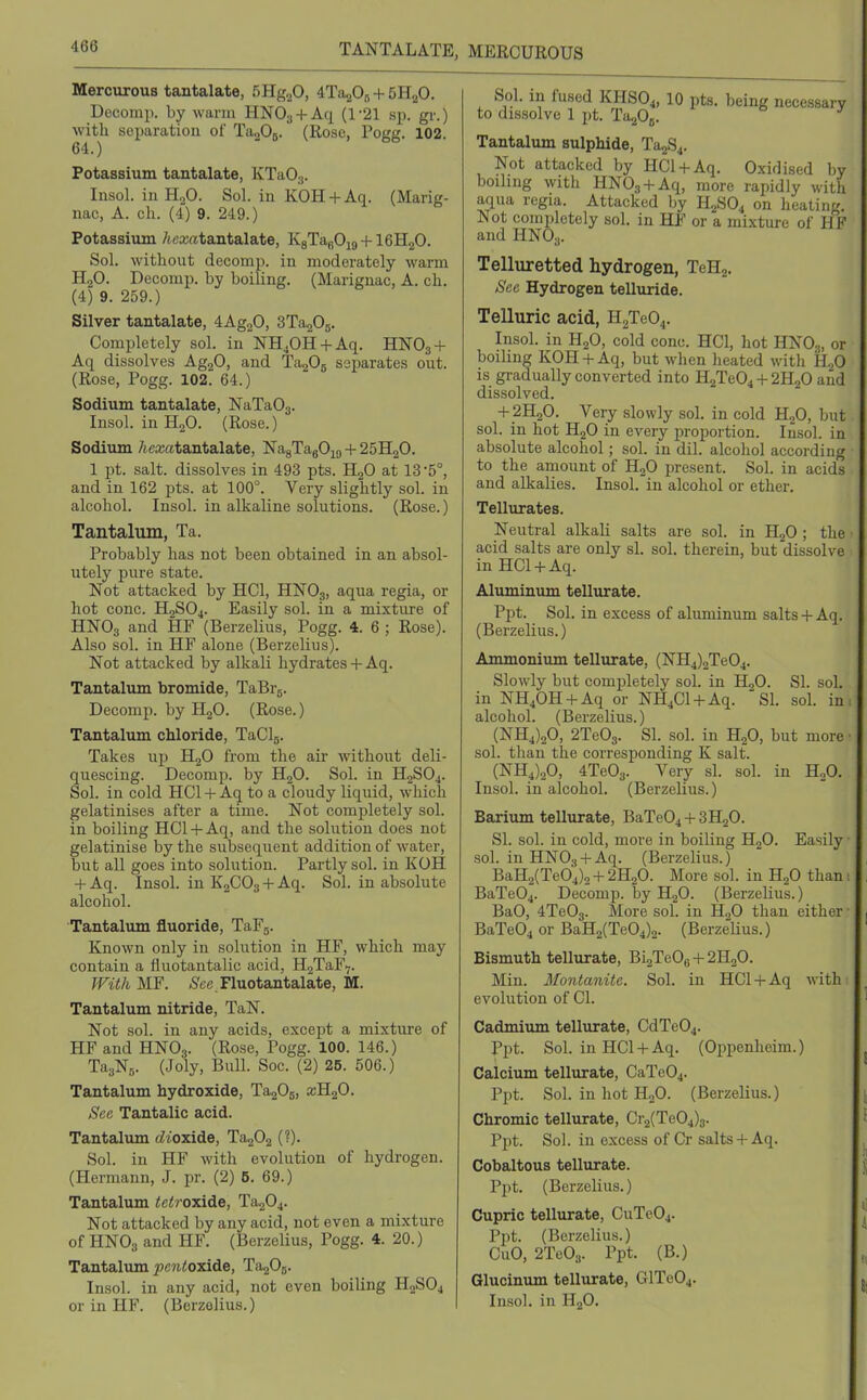 TANTALATE, MERCUR0U8 Mercurous tantalate, SHgaO, ATa^O^ + bli^O. Decomi). by warm HNOg + Aq (1'21 sp. gr.) with separation of TaoOj. (Rose, Pogg. 102 64.) Potassium tantalate, KTaO^,. Insol. in H.,0. Sol. in KOH + Aq. (Marig- nac, A. ch. (4) 9. 249.) Potassium /(ca;atantalate, KgTafiOig + lGHaO. Sol. without decomp. in moderately warm HgO. Decomp. by boiling. (Marignac, A. ch. (4) 9. 259.) Silver tantalate, 4Ag20, STagOg. Completely sol. in NH^OH + Aq. HNO3 + Aq dissolves AggO, and TagOg separates out. (Rose, Pogg. 102. 64.) Sodium tantalate, NaTaO^. Insol. in HoO. (Rose.) Sodium /icxatantalate, NagTagOig + 25H2O. 1 pt. .salt, dissolves in 493 pts. HgO at 13-5°, and in 162 pts. at 100°. Very slightly sol. in alcohol. Insol. in alkaline solutions. (Rose.) Tantalum, Ta. Probably has not been obtained in an absol- utely pure state. Not attacked by HCl, HNO3, aqua regia, or hot cone. H2SO4. Easily sol. in a mixture of HNO3 and HF (Berzelius, Pogg. 4. 6 ; Rose). Also sol. in HF alone (Berzelius). Not attacked by alkali hydrates-f Aq. Tantalum bromide, TaBrg. Decomp. by HgO. (Rose.) Tantalum chloride, TaClg. Takes up HgO from the air without deli- quescing. Decomp. by HjO. Sol. in H2SO4. Sol. in cold HCl + Aq to a cloudy liquid, which gelatinises after a time. Not completely sol. in boiling HCl + Aq, and the solution does not gelatinise by the subseqixent addition of water, but all goes into solution. Partly sol. in KOH + Aq. Insol. in K2CO3 -1- Aq. Sol. in absolute alcohol. Tantalum fluoride, TaFg. Known only in solution in HF, which may contain a fluotantalic acid, IL^TslY-;. With MF. (S'ce.Fluotantalate, M. Tantalum nitride, TaN. Not sol. in any acids, except a mixture of HF and HNO3. (Rose, Pogg. 100. 146.) TagNg. (Joly, Bull. Soc. (2) 25. 506.) Tantalum hydroxide, Ta20g, xE^O. Sec Tantalic acid. Tantalum cZioxide, Ta^O^ (?)• Sol. in HF with evolution of hydrogen. (Hermann, J. pr. (2) 5. 69.) Tantalum tctroxiAs, Ta204. Not attacked by any acid, not even a mixture of HNO3 and HF. (Berzelius, Pogg. 4. 20.) Tantalum pcntoxiAe, Ta20g. Insol. in any acid, not even boiling HoSOj or in HF. (Berzelius.) Sol. in fused KHSO4, 10 pts. being necessary to dissolve 1 pt. TaaOg. Tantalum sulphide, TajS^. Not attacked by HCl-f Aq. Oxidised by boiling with HN03-l-Aq, more rapidly with aqua regia. Attacked by H2SO4 on heating. Not completely .sol. in HF or a mixture of HF and HNO3. Telluretted hydrogen, TeHa. Sec Hydrogen telluride. Telluric acid, HgTeO^. Insol. in H2O, cold cone. HCl, hot HNO3, or boiUng KOH + Aq, but when heated with HgO is gradually converted into H2Te04-1-2H2O and dissolved. + 2H2O. Very slowly sol. in cold HgO, but sol. in hot HjO in every proportion. Insol. in absolute alcohol; sol. in dil. alcohol according to the amount of HgO present. Sol. in acids and alkalies. Insol. in alcohol or ether. Tellurates. Neutral alkali salts are sol. in HjO ; the acid salts are only si. sol. therein, but dissolve in HCl-f Aq. Aluminum tellurate. Pjjt. Sol. in excess of aluminum salts -f Aq. (Berzelius.) Ammonium tellurate, (NH4)2Te04. Slowly but completely sol. in H2O. SI. sol. in NH40H + Aq or NHjCl-fAq. SI. sol. in alcohol. (Berzelius.) (NH4)20, 2Te03. SI. sol. in HjO, but more sol. than the corresponding K salt. (NH4)20, 4Te03. Very si. sol. in HoO. Insol. in alcohol. (BerzeUus.) Barium tellurate, BaTe04-t-3H20. SI. sol. in cold, more in boiling HgO. Easily sol. in HNO.,-l-Aq. (Berzelius.) BaH2(Te04)2 + 2H20. More sol. in HgO than BaTe04. Decomp. by H2O. (Berzelius.) BaO, 4Te03. More sol. in HgO than either BaTe04 or BaH2(Te04)2. (Berzelius.) Bismuth tellurate, Bi2Te08 + 2H20. Min. 3Iontanitc. Sol. in HCl + Aq with evolution of CI. Cadmiiun tellurate, CdTe04. Ppt. Sol. in HCl-I-Aq. (Oppenlieim.) Calcium tellurate, CaTe04. Ppt. Sol. in hot HgO. (Berzelius.) Chromic tellurate, Cr2(Te04)3. Ppt. Sol. in excess of Cr salts-t-Aq. Cobaltous tellurate. Ppt. (Berzelius.) Cupric tellurate, CuTe04. Ppt. (Berzelius.) CuO, 2Te03. Ppt. (B.) Glucinum tellurate, GlTe04. Insol. in H20'