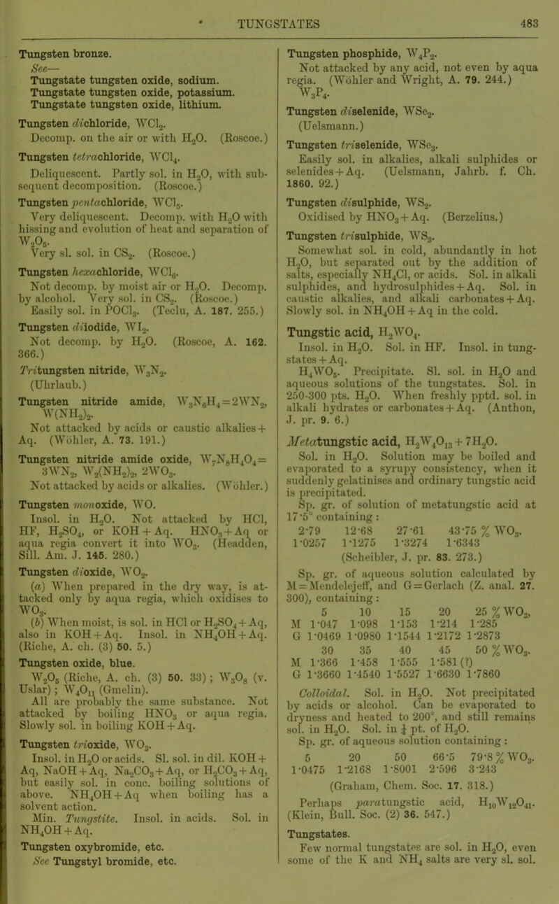 Tungsten bronze. Sec— Tungstate tungsten oxide, sodium. Tungstate tungsten oxide, potassium. Tungstate tungsten oxide, lithium. Tungsten r^t chloride, WClj. Decomp. on the air or with H-^O. (Ro.scoe.) Tungsten <c<rrtchloride, WCI4. Deliquescent. Partly sol. in H._,0, with sub- sequent decomposition. (Roscoe.) Tungsten pc?^/rt chloride, WCl,. Very deliquescent. Dcconip. with 11.^0 with hissing and evolution of iieat and .separation of Very si. sol. in CS.j. (Ro.scoe.) Tungsten Aca;achloride, WClg. Not deconip. by moist air or H„0. Decomp. by alcohol. Very sol. in CSj. (Roscoe.) Ea.sily sol. in POCI3. (Teclu, A. 187. 255.) Tungsten '//iodide, WI.2. Not decomp. by H._,0. (Roscoe, A. 162. 366.) T/ itungsten nitride, AVaN,. (Uhrlaul).) Tungsten nitride amide, W3N8H4 = 2WNo, W(NH2)o. Not attacked by acids or caustic alkalies+ Aq. (Wohler, A. 73. 191.) Timgsten nitride amide oxide, W7N8H404 = 3WN.,, W2(NH2).i, 2W0.. Not attackefl by acids or alkalies. CWlililci-.) Tungsten ;/io»oxide, WO. Insol. in HoO. Not attacked by HCl, HF, H2SO4, of KOH + Aq. HNOa + An or aqua regia convert it into WO3. (Headuen, Sill. Am. J. 146. 280.) Tungsten i/t oxide, WOj. [a) When prepared in the dry way, is at- tacked only by aqua regia, which oxidises to WO;,. {h) When moist, is sol. in HCl or H.JSO4 +Aq, also in KOH + Aq. lusol. in NH40H + Aq. (Riche, A. oh. (3) 60. 5.) Tungsten oxide, blue. W.,05 (Riclie, A. ch. (3) 60. 33) ; WgOg (v. Uslai); W40,i (Gmelin). All are probably the same substance. Not attacked by boiling HNO3 or aqua regia. Slowly sol. in boiling KOH + Aq. Tungsten </•! oxide, WO3. In.sol. in H„0 or acids. SI. sol. in dil. KOH + Aq, NaOH + A<i, Na.,C03 + Aq, or H.^COj + Aq, but easily sol. in cone, boiling solutions of above. NH40H + Aq wlien boiling has a solvent action. Min. Tungstite. Insol. in acids. Sol. in NH40H + Aq. Tungsten oxybromide, etc. Sec Tungstyl bromide, etc. Tungsten phosphide, W4P2. Not attacked by any acid, not even by aqua regia. (Wohler and Wright, A. 79. 244.) W3P4. Timgsten f?jselenide, WSe2. (Uelsniann.) Tungsten ^Jiselenide, WScj. Easily sol. in alkalies, alkali sulphides or .seleuides +Aq. (Uelsmanu, Jahrb. f. Ch. 1860. 92.) Tungsten (//sulphide, WS2. Oxidised by HNOj + Aq. (Berzelius.) Tungsten ^r/sulphide, WS3. Somewhat sol. in cold, abundantly in hot H.2O, but separated out by the addition of salts, especially NH4CI, or acids. Sol. in alkali sulphides, ana hydrosulphides + Aq. Sol. in caustic alkalies, and alkali carbonates + Aq. Slowly sol. in NH4OH + Aq in the cold, Tungstic acid, H0WO4. Insol. in HjO. Sol. in HF, Insol, in tung- statcs + Aq, H4WO5. Precipitate, SI, sol. in HjO and aqueous solutions of the tungstates. Sol. in 250-300 pts. H2O. When freshly pptd. sol. in alkali hydrates or carbonates + Aq. (Anthon, J. pr. 9. 6.) i/eiatungstic acid, HjW^Oij + 7H.p, Sol, in HjO. Solution may be boiled and evaporated to a syru]iy consistency, wlien it suddenly gelatinises and ordinary tungstic acid is precipitated. Sp. gr. of solution of metatungstic acid at IT'S containing: 2-79 12-68 27-61 43-75 % WO3, 1-0257 1-1275 1-3274 1-6343 (Scheibler, J, pr. 83. 273.) Sp. gr. of aqueous solution calculated by M = Mendelejelf, and G = Gerlach (Z. anal. 27. 300), containing : 5 10 15 20 25 %W03, M 1-047 1-098 1-153 1-214 1-285 G 1-0469 1-0980 ri544 1-2172 1-2873 30 35 40 45 50 % WO3. M 1-366 1-458 1-.555 1-581 (?) G 1-3660 1-4540 1-5527 1-6630 1-7860 Colloidal. Sol. in HoO. Not precipitated by acids or alcohol. Can be evaporated to dryness and heated to 200°, and still remains sol. in H.,0. Sol. in i pt. of H„0. Sp. gr. of aqueous solution containing : 5 20 50 66-5 79-8 %W03. 1-0475 1-2168 1-8001 2-596 3-243 (Graham, Chem. Soc. 17. 318.) Perhaps jjaratungstic acid, HioWi„04i. (Klein, Bull. Soc. (2) 36, 547.) Tungstates. Few normal tungstates are sol. in H2O, even some of the K and NH4 salts are very si. sol.