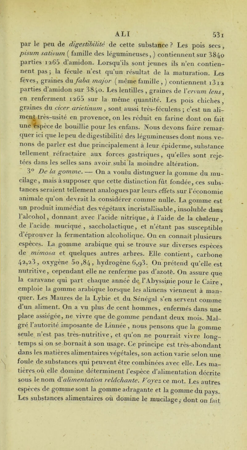 par le peu de digestibilité de cette substance ? Les pois secs, pisum sativnm ( famille des légumineuses, ) contiennent sur 384o parties 1265 d amidon. Lorsqu’ils sont jeunes ils n’en contien- nent pas ; la fécule n’est qu’un résultat de la maturation. Les fèves, graines à.\xfaha major (même famille , ) contiennent i3i2 parties d’amidon sur 8840. Les lentilles , graines de Xervum lens, en renferment i265 sur la même quantité. Les pois chiches, graines du cicer arietinurn, sont aussi très-féculens ; c’est un ali- ment très-usité en provence, on les réduit en farine dont on fait une Espèce de bouillie pour les enfans. Nous devons faire remar- quer ici que le peu de digestibilité des légumineuses dont nous ve- nons de parler est due principalement à leur épiderme, substance tellement réfractaire aux forces gastriques, qu’elles sont reje- tées dans les selles sans avoir subi la moindre altération. 3® De la gomme. — On a voulu distinguer la gomme du mu- cilage, mais à supposer que cette distinction fût fondée, ces subs- tances seraient tellement analogues par leurs effets sur l’économie animale qu’on devrait la considérer comme nulle. La gomme est un produit immédiat des végétaux incristalîisable, insoluble dans l’alcohol, donnant avec l’acide nitrique, à l’aide de la chaleur , de l’acide mucique , saccliolactique, et n’étant pas susceptible d’éprouver la fermentation alcoholique. On en connaît plusieurs espèces. La gomme arabique qui se trouve sur diverses espèces de mimosa et quelques autres arbres. Elle contient, carbone 42,23, oxygène 60,84, hydrogène 6,93. On prétend quelle est nutritive, cependant elle ne renferme pas d’azotê. On assure que la caravane qui part chaque année de l’Abyssbiie pour le Caire , emploie la gomme arabique lorsque les alimens viennent à man- quer. Les Maures de la Lybie et du Sénégal s’en servent comme d’un aliment. On a vu plus de cent hommes, enfermés dans une place assiégée, ne vivre que dégommé pendant deux mois. Mal- gré l’autorité imposante de Linnée , nous pensons que la gomme seule n’est pas très-nutritive, et qu’on ne pourrait vivre long- temps si on se bornait à son usage. Ce principe est très-abondant dans les matières alimentaires végétales, son action varie selon une foule de substances qui peuvent être combinées avec elle. Les ma- tières où elle domine déterminent l’espèce d’alimentation décrite sous le nom éi alimentation relâchante. Voyez ce mot. Les autres espèces de gomme sont la gomme adragante et la gomme du pays. Les substances alimentaires où domine le mucilage, dont on fait.