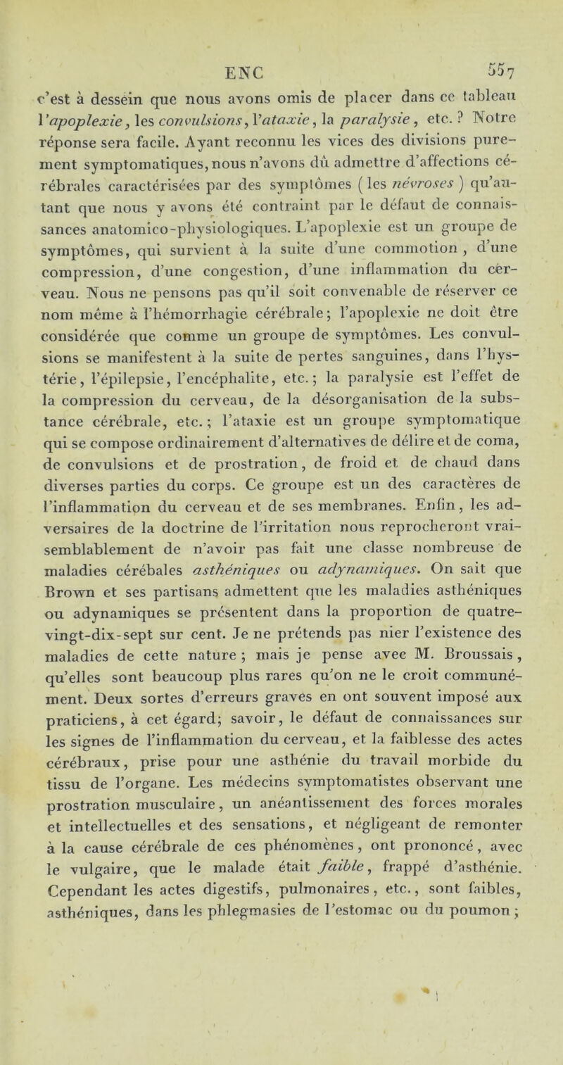 c’est à dessein que nous avons omis de placer dans ce tableau Vapoplexie, les convulsions^ Vataxie ^ la paralysie ^ etc. ? Notre réponse sera facile. Ayant reconnu les vices des divisions pure- ment symptomatiques, nous n’avons dû admettre d’affections cé- rébrales caractérisées par des symptômes (les névroses ) quau- tant que nous y avons été contraint par le defaut de connais- sances anatomico-physiologiques. L’apoplexie est un groupe de svmptômes, qui survient à la suite d’une commotion, dune compression, d’une congestion, d’une inflammation du cèr- veau. Nous ne pensons pas qu’il soit convenable de réserver ce nom même à ï’hémorrbagie cérébrale ; l’apoplexie ne doit être considérée que comme un groupe de symptômes. Les convul- sions se manifestent à la suite de pertes sanguines, dans 1 hys- térie, l’épilepsie, l’encéphalite, etc.; la paralysie est l’effet de la compression du cerveau, de la désorganisation de la subs- tance cérébrale, etc. ; l’ataxie est un groujie symptomatique qui se compose ordinairement d’alternatives de délire et de coma, de convulsions et de prostration, de froid et de cliaud dans diverses parties du corps. Ce groupe est un des caractères de l’inflammation du cerveau et de ses membranes. Enfin, les ad- versaires de la doctrine de l’irritation nous reprocheront vrai- semblablement de n’avoir pas fait une classe nombreuse de maladies cérébales asthéniques ou adynainiques. On sait que Brovf^n et scs partisans admettent que les maladies asthéniques ou adynamiques se présentent dans la proportion de quatre- vingt-dix-sept sur cent. Je ne prétends pas nier l’existence des maladies de celte nature ; mais je pense avec M. Broussais , qu’elles sont beaucoup plus rares qu’on ne le croit communé- ment. Deux sortes d’erreurs graves en ont souvent imposé aux praticiens, à cet égard; savoir, le défaut de connaissances sur les signes de l’inflammation du cerveau, et la faiblesse des actes cérébraux, prise pour une asthénie du travail morbide du tissu de l’organe. Les médecins symptornatistes observant une prostration musculaire, un anéantissement des forces morales et intellectuelles et des sensations, et négligeant de remonter à la cause cérébrale de ces phénomènes, ont prononcé, avec le vulgaire, que le malade était faible, frappé d’asthénie. Cependant les actes digestifs, pulmonaires, etc., sont faibles, asthéniques, dans les phlegmasies de l’estomac ou du poumon ;