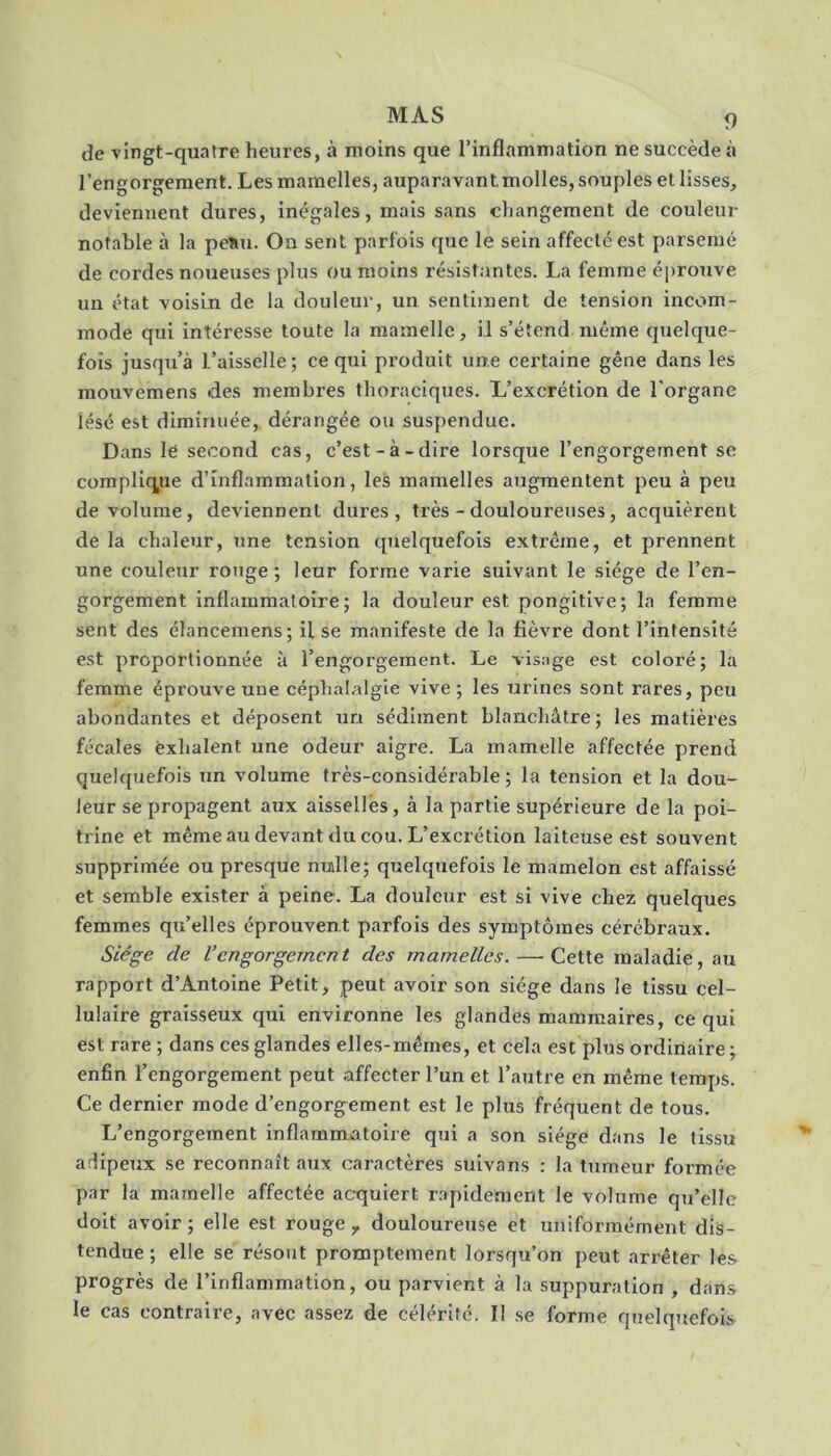 de vingt-quatre heures, à moins que l’inflammation ne succède à l’engorgement. Les mamelles, auparavant molles, souples et lisses, deviennent dures, inégales, mais sans changement de couleur notable à la peîui. On sent parfois que le sein affecté est parsemé de cordes noueuses plus ou moins résistantes. La femme éprouve un état voisin de la douleur, un sentiment de tension incom- mode qui intéresse toute la mamelle, il s’étend même quelque- fois jusqu’à l’aisselle; ce qui produit une certaine gêne dans les mouvemens des membres thoraciques. L’excrétion de l’organe lésé est diminuée, dérangée ou suspendue. Dans le: second cas, c’est-à-dire lorsque l’engorgement se complique d’inflammation, les mamelles augmentent peu à peu de volume, deviennent dures, très - douloureuses, acquièrent de la chaleur, une tension quelquefois extrême, et prennent une couleur rouge; leur forme varie suivant le siège de l’en- gorgement inflammatoire; la douleur est pongitive; la femme sent des élancemens; il se manifeste de la fièvre dont l’intensité est proportionnée à l’engorgement. Le visage est coloré; la femme éprouve une céphalalgie vive; les urines sont rares, peu abondantes et déposent ur.i sédiment blanchâtre; les matières fécales ëxhalent une odeur aigre. La mamelle affectée prend quelquefois un volume très-considérable ; la tension et la dou- leur se propagent aux aisselles, à la partie supérieure de la poi- trine et même au devant du cou. L’excrétion laiteuse est souvent supprimée ou presque nulle; quelquefois le mamelon est affaissé et semble exister à peine. La douleur est si vive chez quelques femmes qu’elles éprouvent parfois des symptômes cérébraux. Siège de l’engorgement des mamelles. — Cette maladie, au rapport d’Antoine Petit, peut avoir son siège dans le tissu cel- lulaire graisseux qui environne les glandes mammaires, ce qui est rare ; dans ces glandes elles-mêmes, et cela est plus ordinaire ; enfin l’engorgement peut affecter l’un et l’autre en même temps. Ce dernier mode d’engorgement est le plus fréquent de tous. L’engorgement inflammatoire qui a son siège dans le tissu adipeux se reconnaît aux caractères suivans : la tumeur formée par la mamelle affectée ac-quiert rapidement le volume qu’elle doit avoir ; elle est rouge y. douloureuse et uniformément dis- tendue ; elle se résout promptement lorsqu’on peut arrêter les progrès de l’inflammation, ou parvient à la suppuration , dans le cas contraire, avec assez de célérité. Il se forme quelquefois